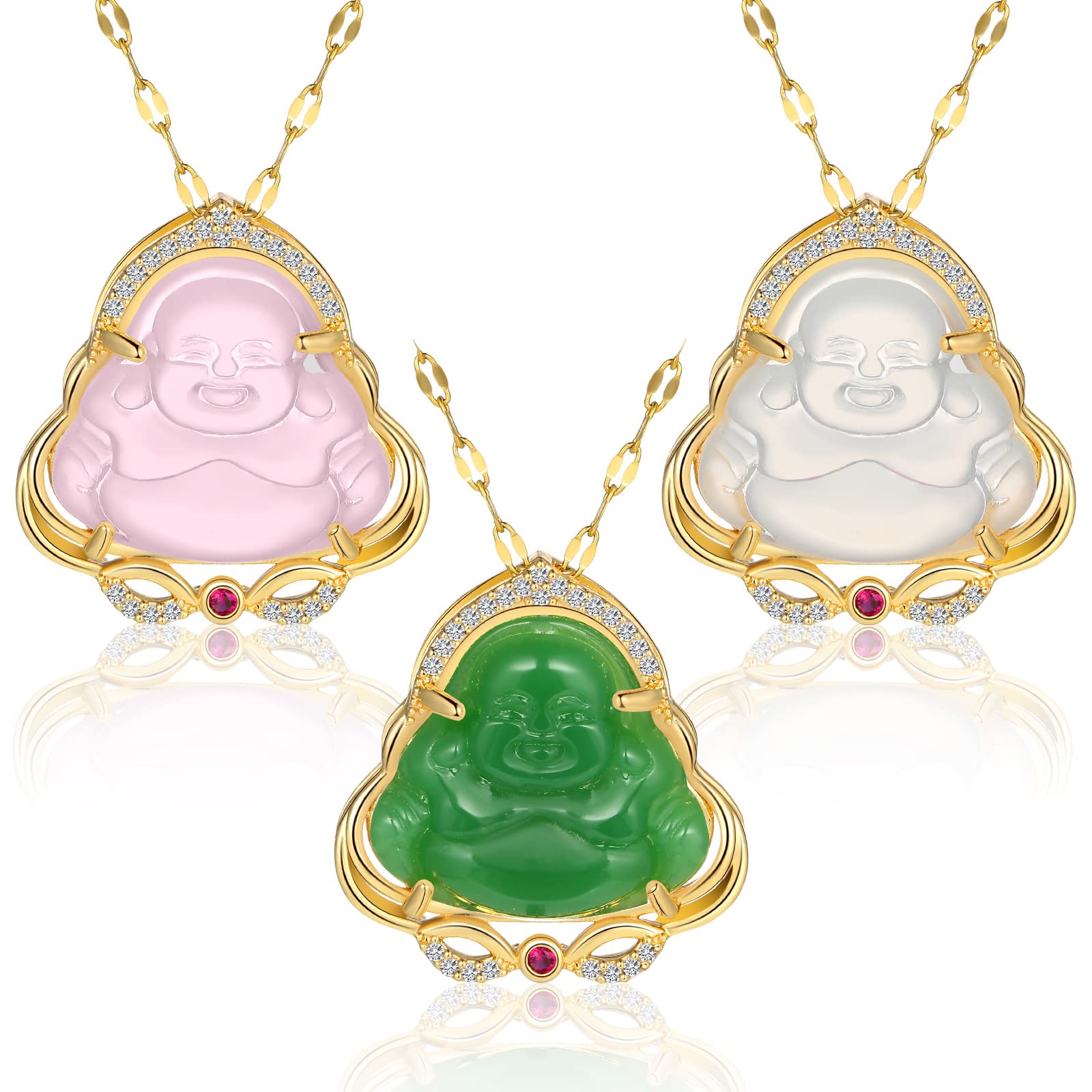 3 Pcs Buddha Necklaces Laughing Smiling Buddha Pendant Necklace Bling Jade Chain Good Luck Amulet Jewelry for Women Men
