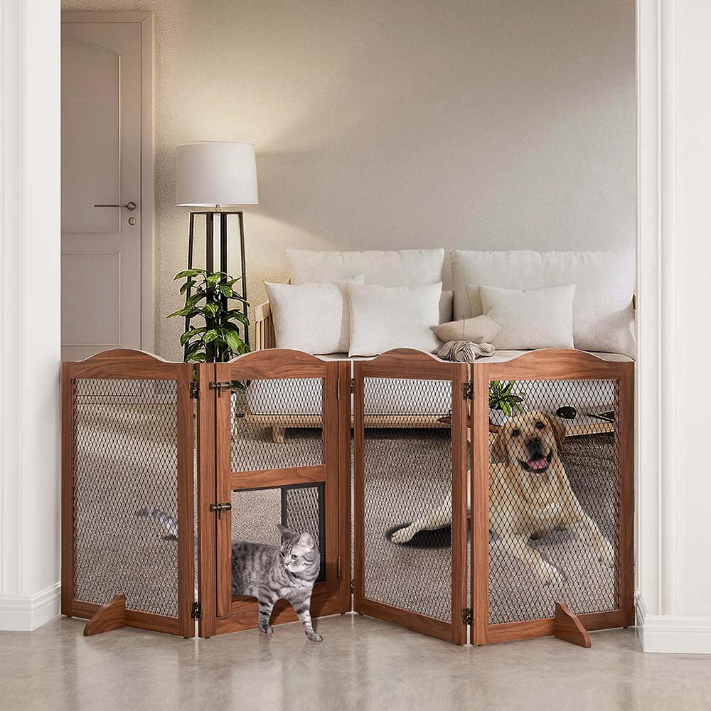 Unipaws Walnut Freestanding Pet Gate With Cat Door, Indoor Dog Proof Gate For Doorways And Stairs, Metal Mesh & Wooden Pet Barrier With Walk-Through Door And Support Feet,