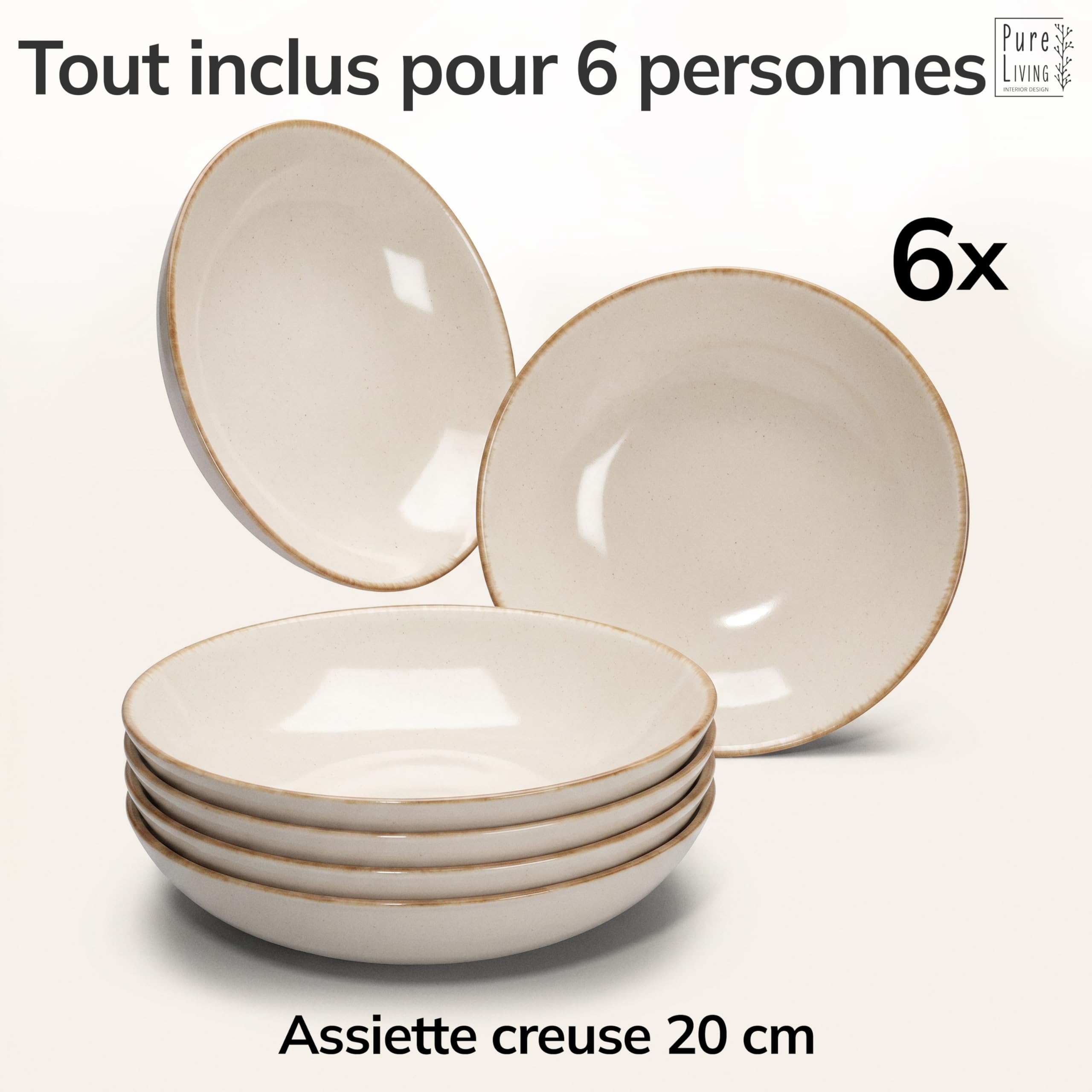 Ensemble de 6 Assiettes Creuses Rustiques en Steingut Premium - Lavables au Lave-Vaisselle - Ensemble Élégant de 6 Assiettes Profondes pour 6 Personnes, Salades, Pâtes - Pure Living en beige