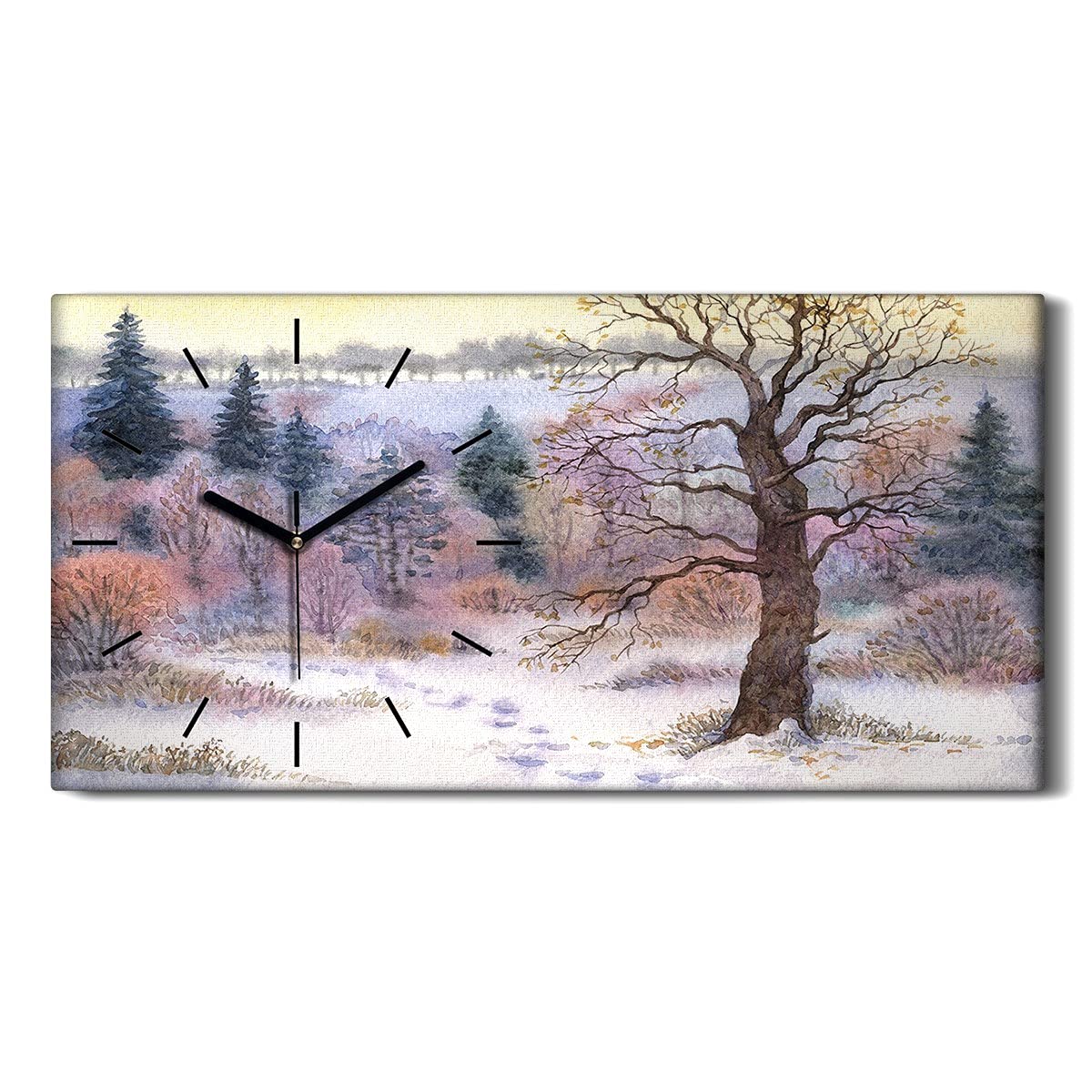 Horloge sur Toile 60x30cm - Arbres Forestiers Hiver Neige Nature