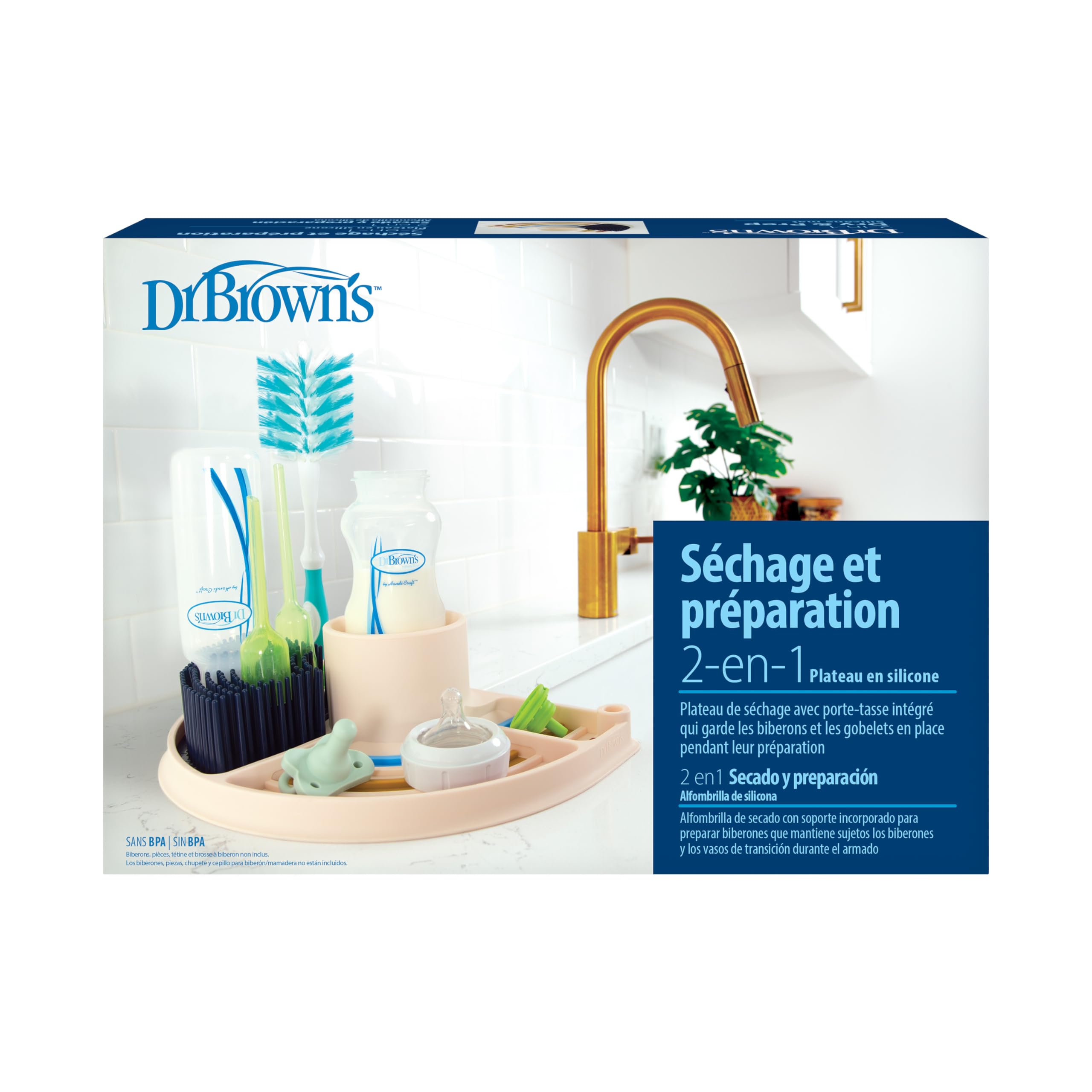 Dr. Brown's Tapis en silicone 2 en 1 Dry & Prep, tapis de séchage pour biberon en silicone avec pinces amovibles pour les essentiels de bébé, préparation intégrée du biberon, sans BPA