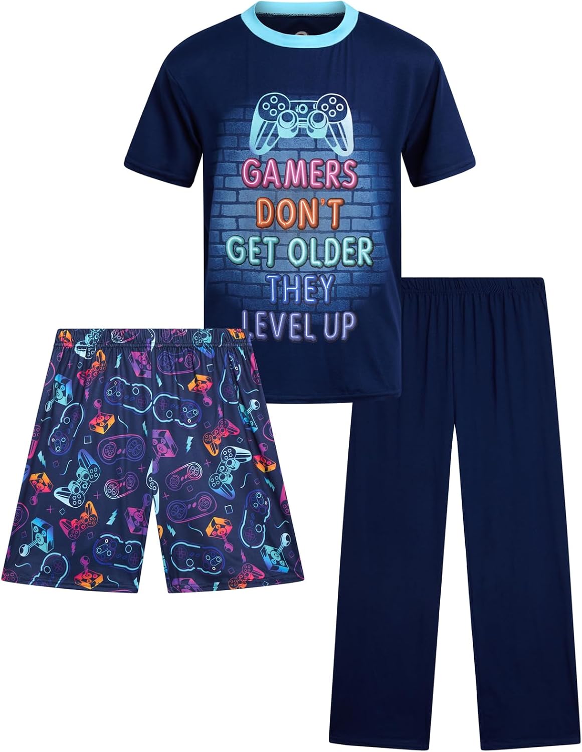 Quad Seven Boys Pajama Set 3 Piece Sleep Shirt Shorts and PJ Pants (8-18)