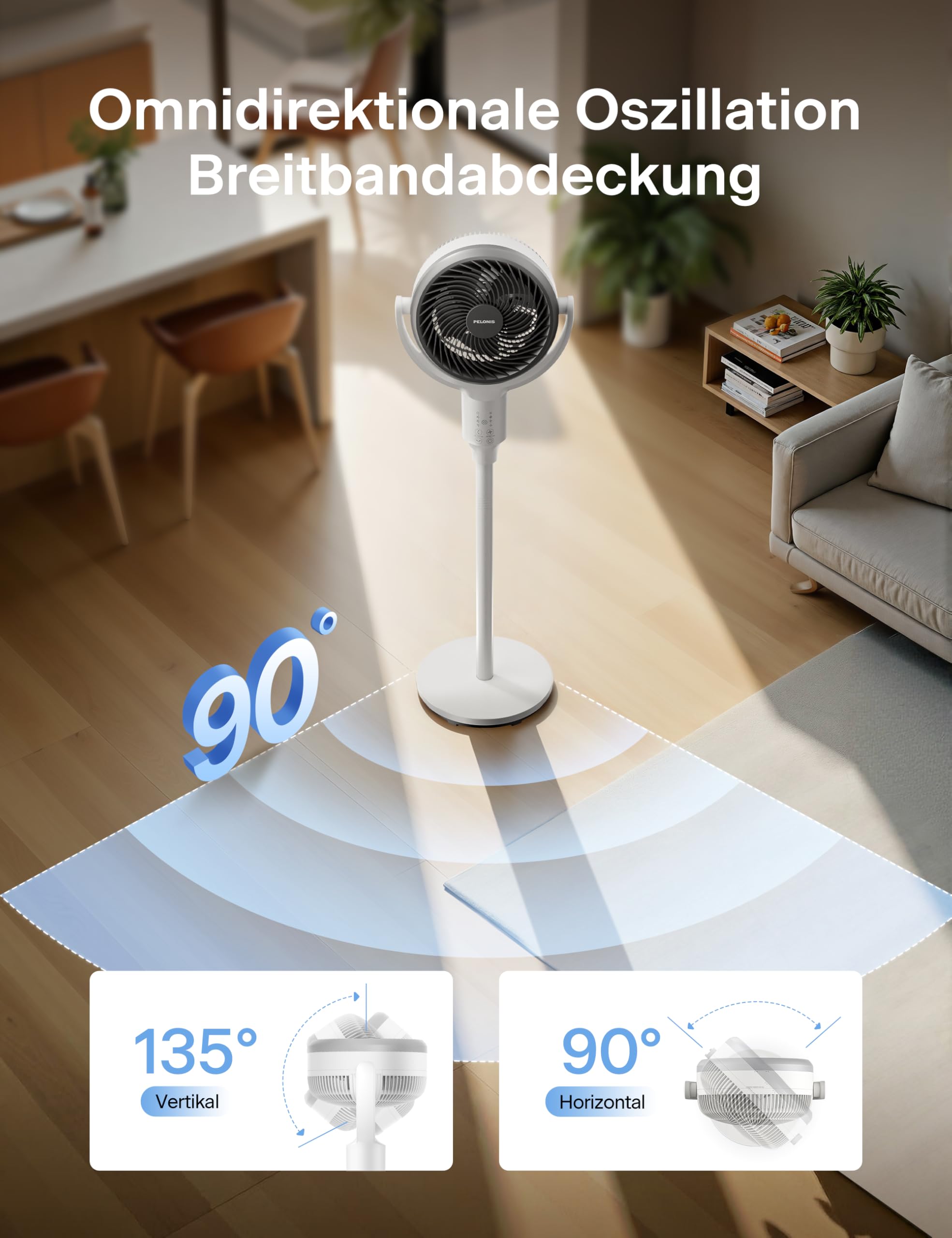 Pelonis Leiser Standventilator, 2-In-1 Standventilator mit Fernbedienung, 1500m³/h Luftvolume Luftzirkulator Fan 110CM Höhe 3-Geschwindigkeit 135°+90° Omni-direktional Oszillierend Ventilator