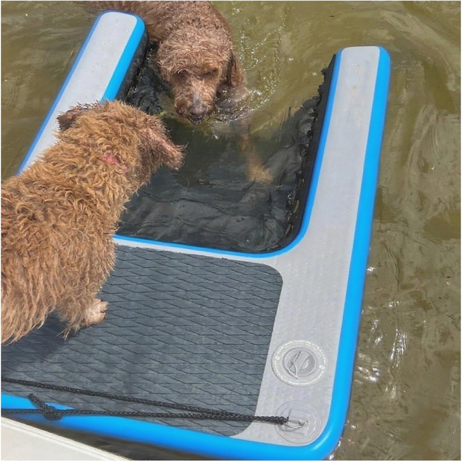 Inflatable Floating Large Dog Water Ramp Ladder for Pools, Black Blue Green Red Yellow Dogs Ladder for Boat, Dog Water Ramp with Pump/Rope/Repair Kit, Load 105kg(Blue)