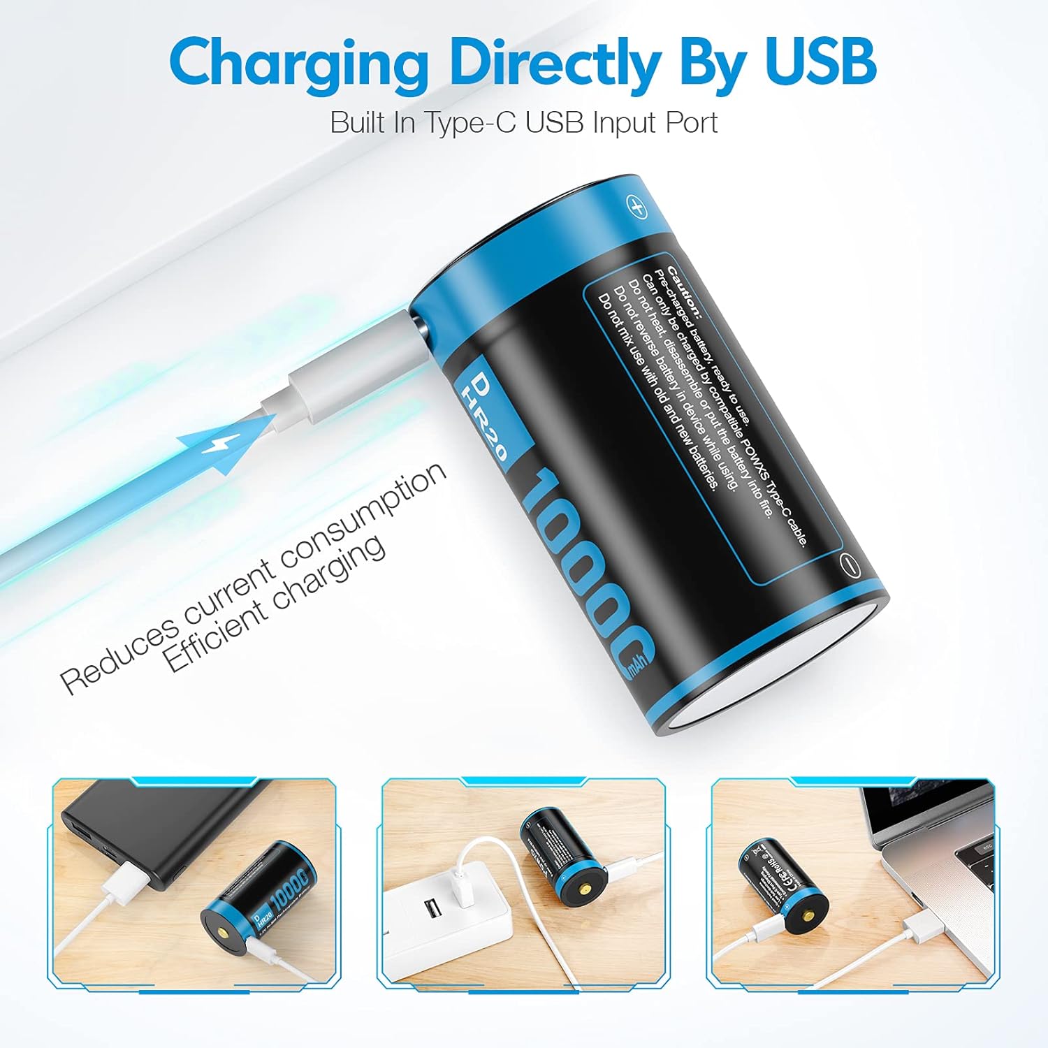 POWXS Type C USB Rechargeable D Cells Batteries, 10000mAh 1.2V Ni-MH High Capacity Standard D Size Battery 2 Pack（Include Type-C Cable） : Health & Household