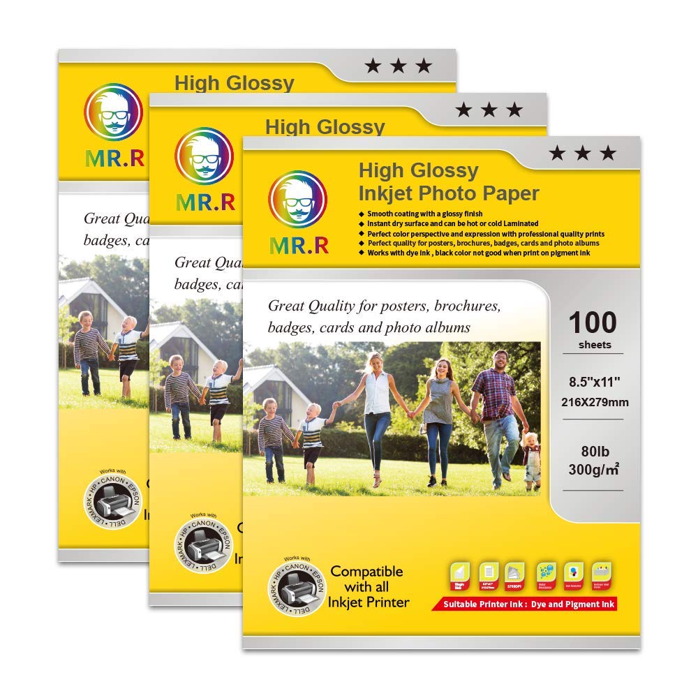 MR.R Carta fotografica lucida a getto d'inchiostro singolo lato con 100 fogli per confezione 8,5 x 28,9 cm, 36,3 kg, 300 g/m²
