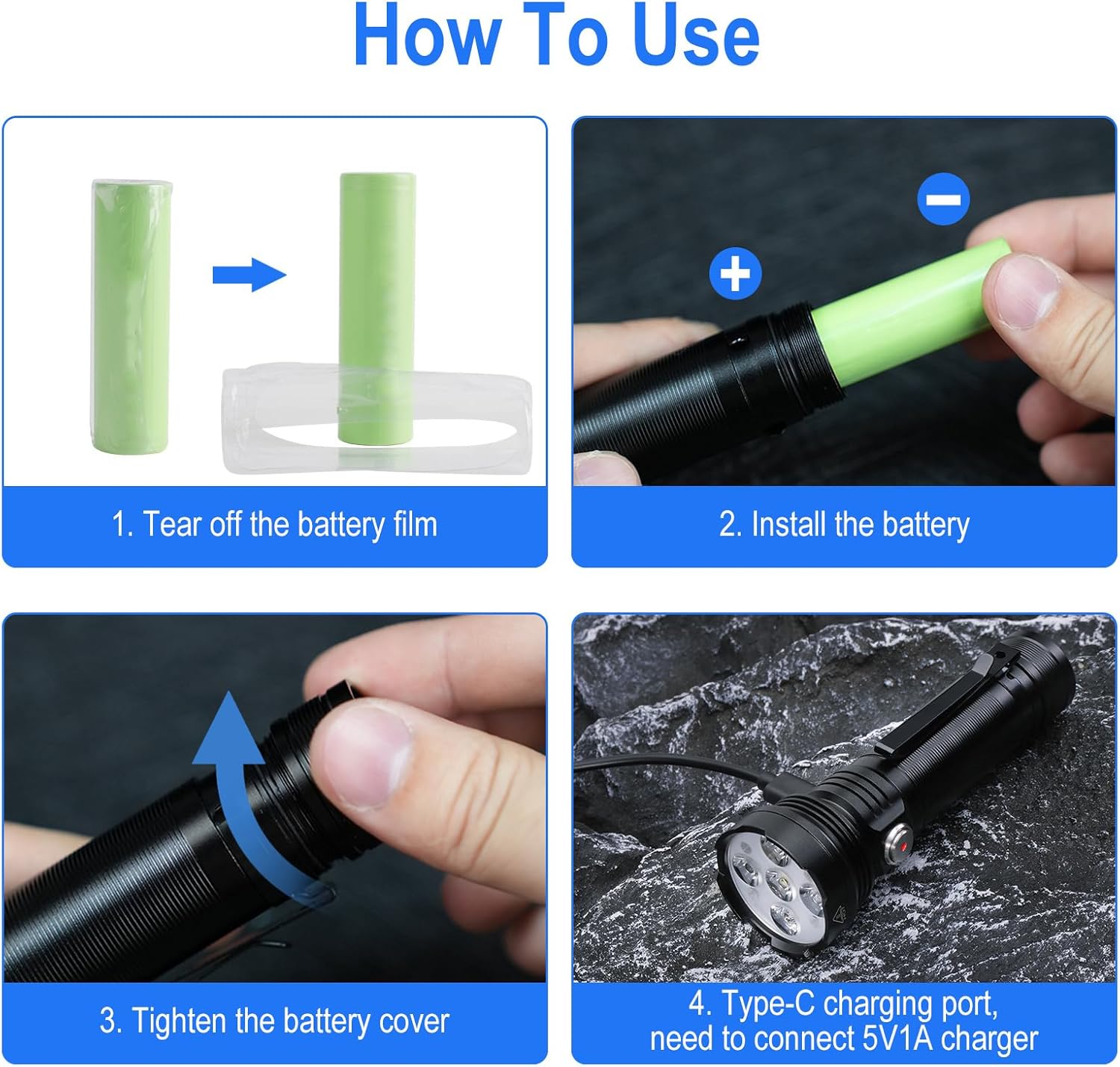 Battery installation and charging steps for BORUIT ET28 flashlight