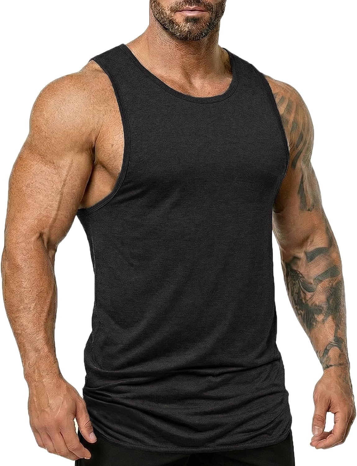 Mens Extended Scoop Workout Stringer Tank Tops Gym Shirts for Men Black/Khaki T05