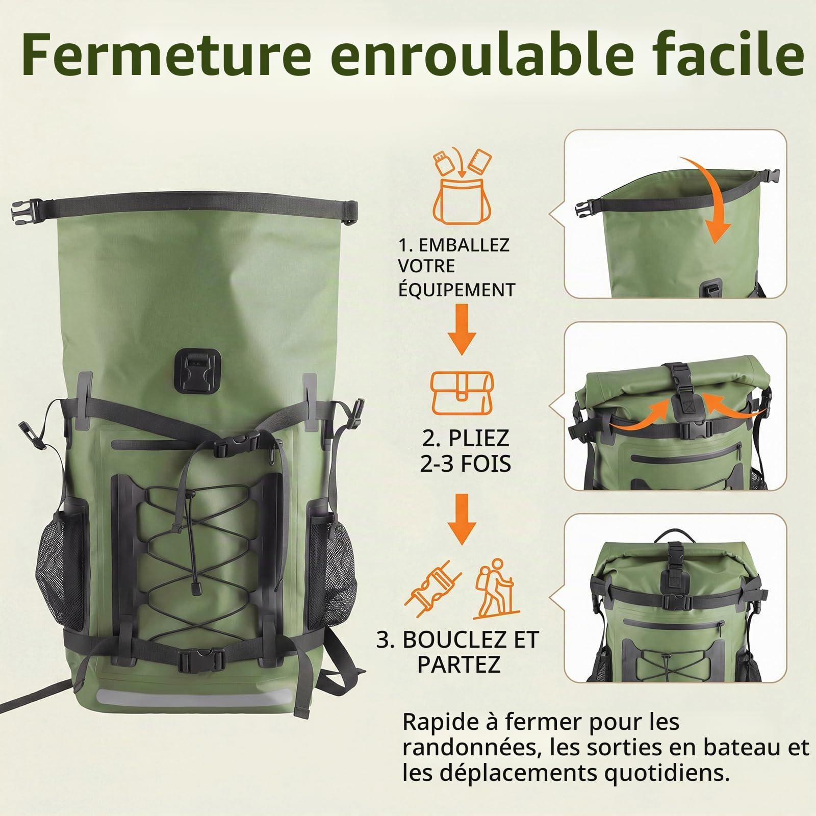XREE Sac étanche vert militaire avec fermeture par enroulement pour les activités de plein air telles que les voyages, la randonnée, le kayak, le camping et les sports nautiques, vert, 40L, Sac