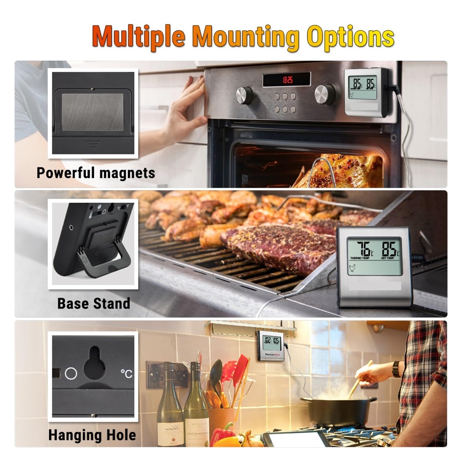 Termoigrometro Termometro for Carne da Cucina con Display LCD Digitale for Griglia da Forno for Barbecue con Funzione Timer(Silver)