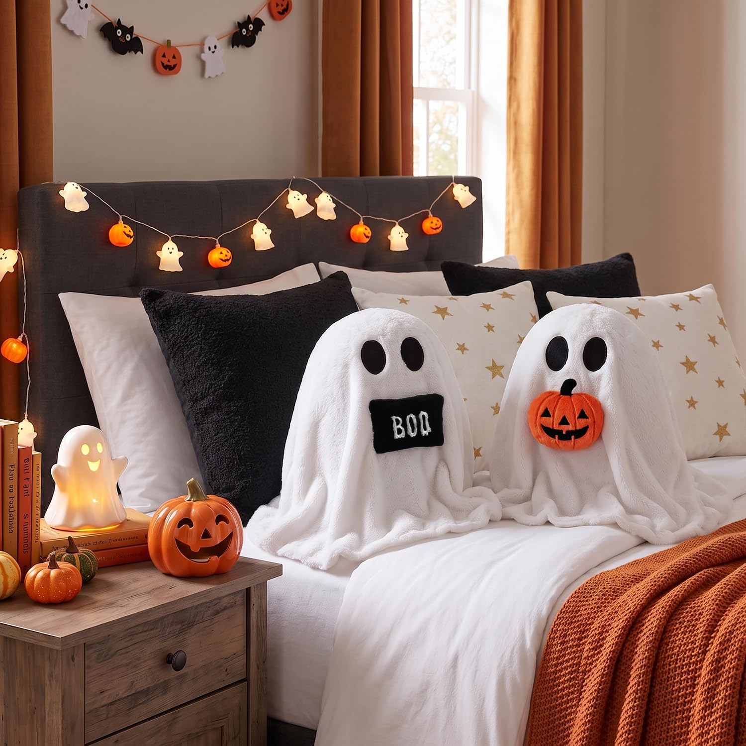 Bunny Chorus Halloween Ghost Throw Pillows, 2pcs Ghost Shaped Decorative Pillows for Couch Sofa Bed, Cute Spooky Halloween Stuffed Pillow Plush Ghost Doll Home Decor Party Decorations, 14" x 12"