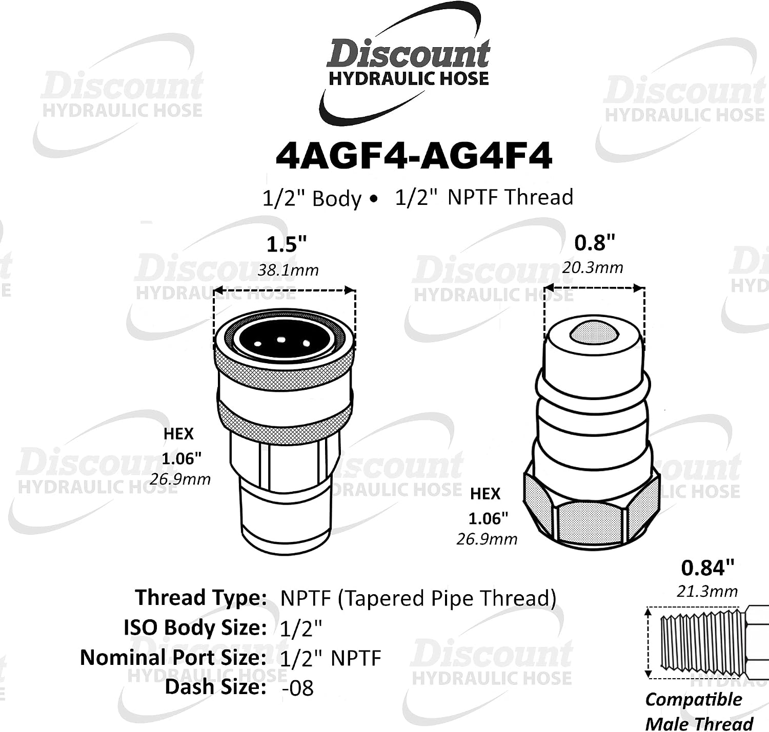 4AGF4-AG4F4 | 1/2" ISO 5675 Hydraulic Quick Connect Tractor Couplers, Ball Pioneer Style, NPTF Pipe Thread AG Couplers