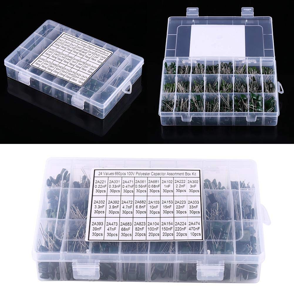 24 Values 660Pcs 100V Capacitor Assortment Kit with Storage Box,0.22nF-470nF Polyester Film Paper Capacitor Capacitors Set