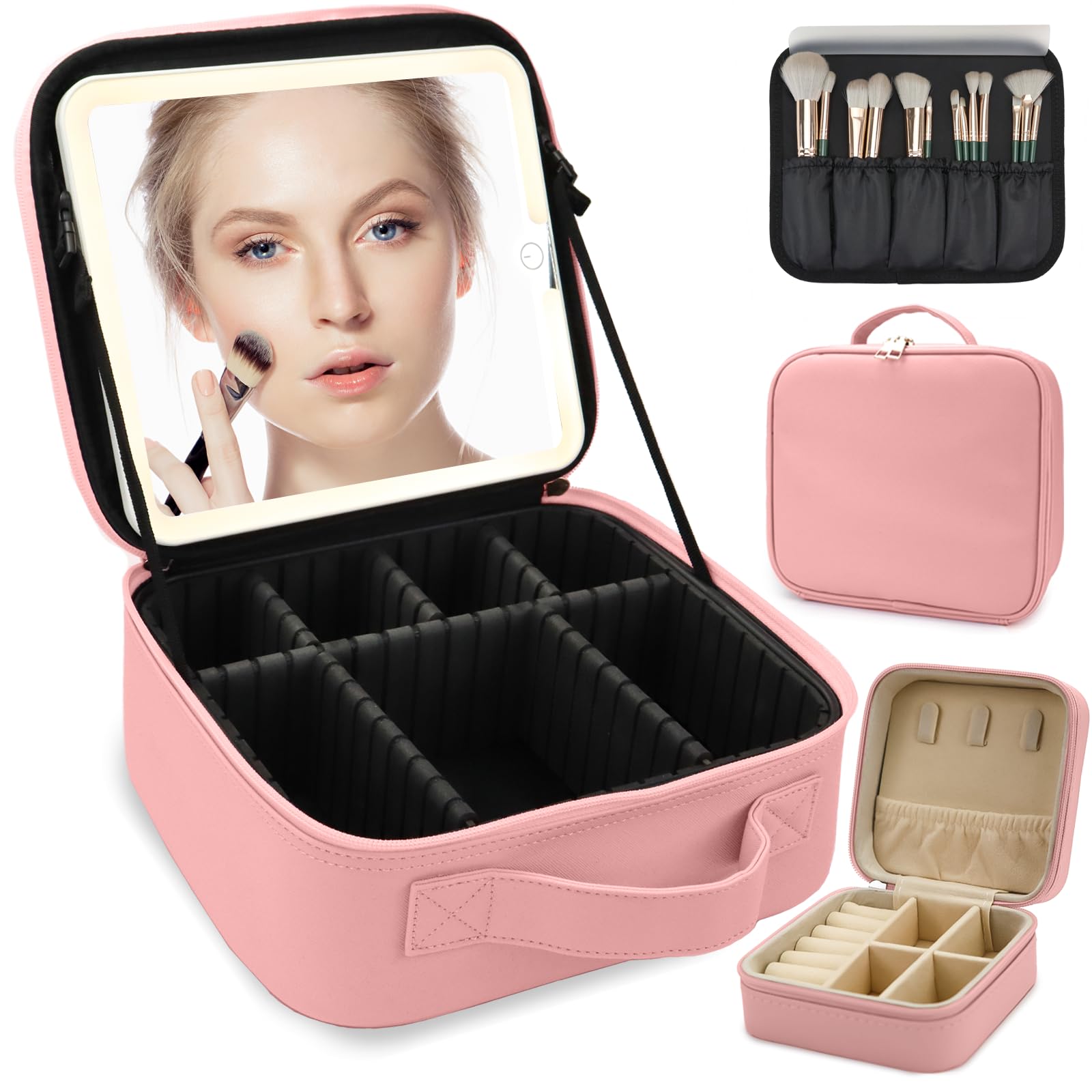 Beauty case da viaggio per truccatori di grandi dimensioni, con specchio 3 impostazioni di colore e scatola per gioielli, borsa da viaggio per trucchi, portatile e divisori regolabili (rosa)