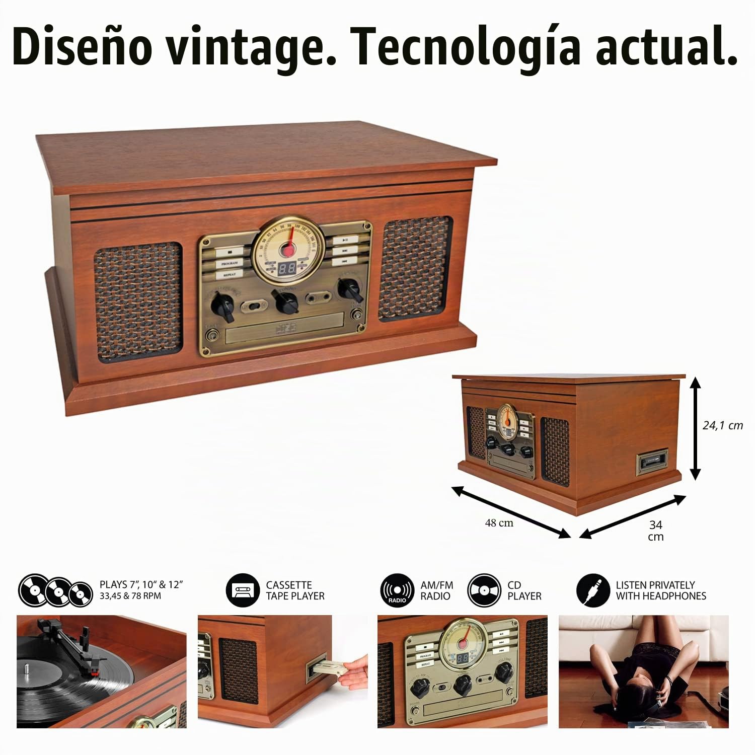 Victrola Nostalgic - Reproductor de discos Bluetooth 7 en 1 y centro multimedia con altavoces integrados, tocadiscos de 3 velocidades, reproductor de CD y casete, radio AM/FM, transmisión inalámbrica