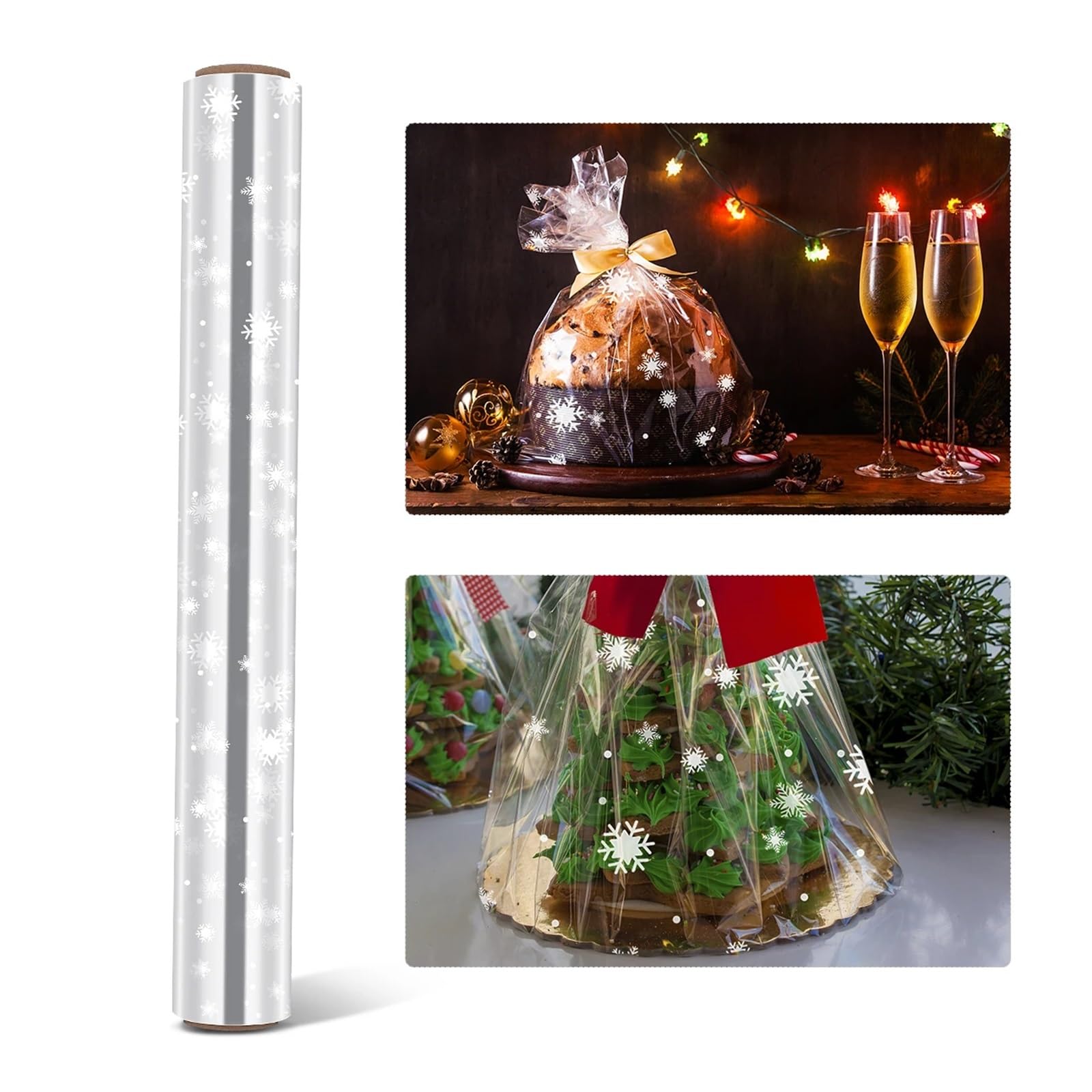 Papel de Regalo 2 rollos de celofán,5/3 milésimas pulgada grosor, decorados con copos nieve, ideales for envolver cestas regalo navideñas(80CMx3000CM)