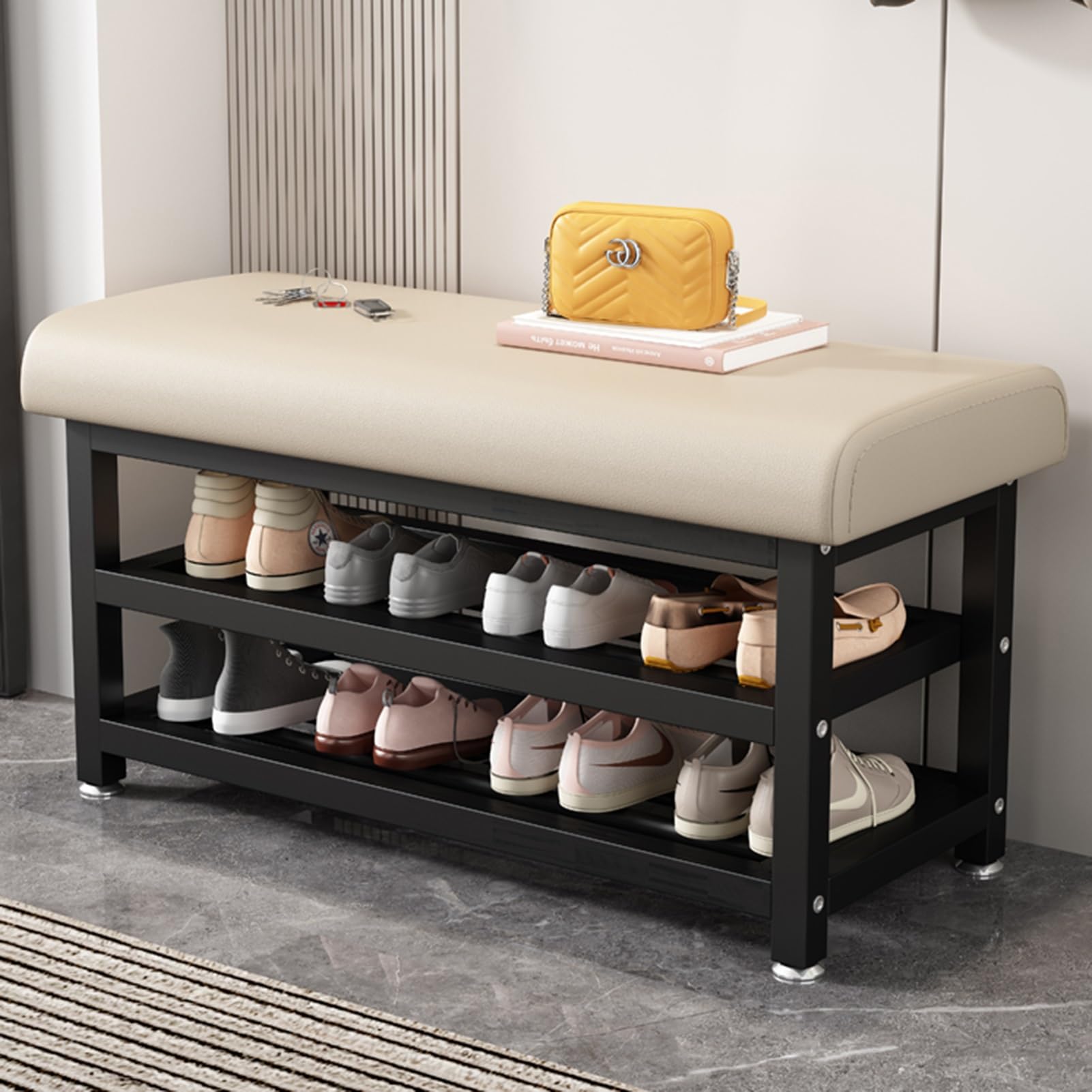LWJSOCP Shoe Bench with Cushioned Seat 2 Tier Metal Shoe Rack for Entryway Hallway Closet Bedroom Off White 80cm/31.5in Storage Solution