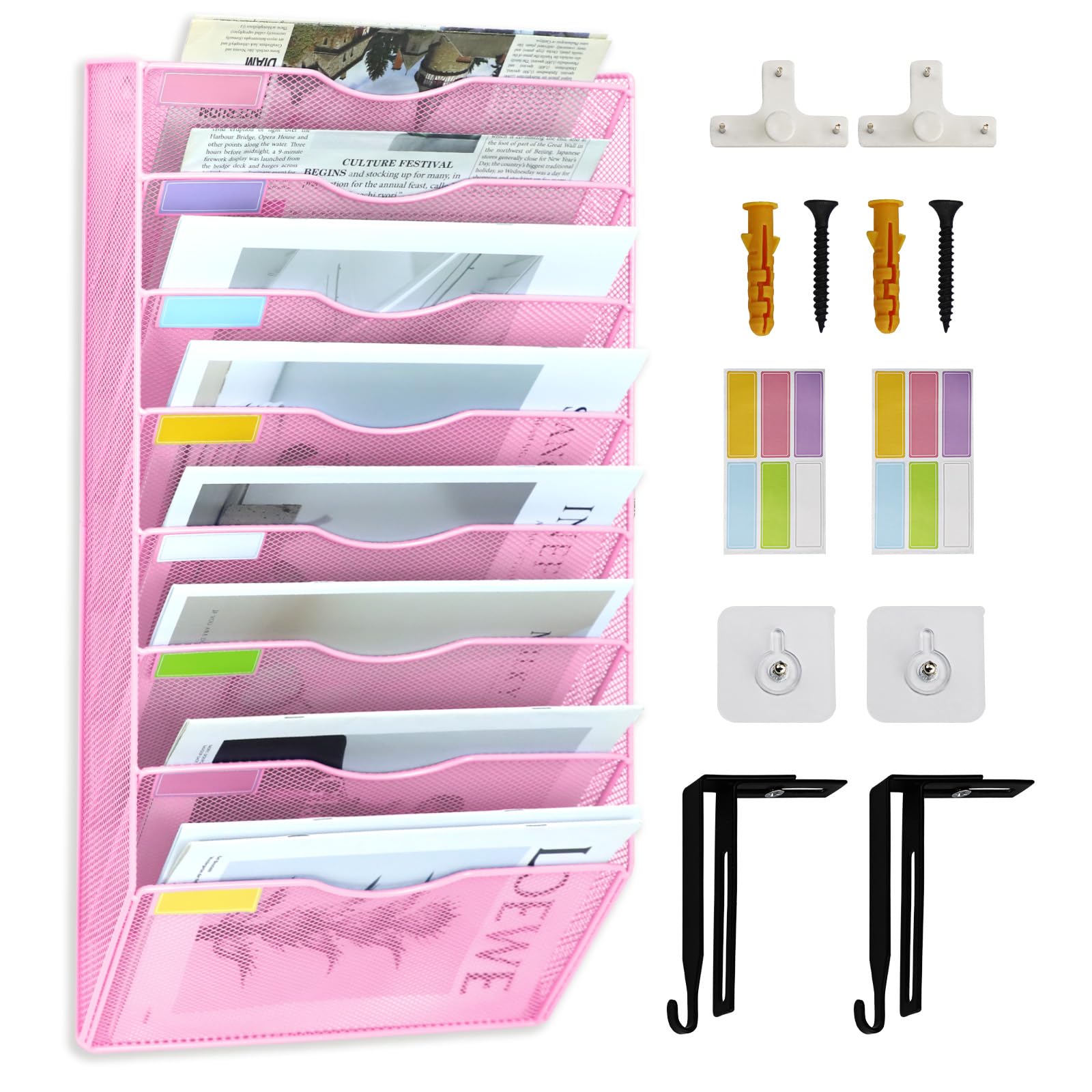 Organizer da parete verticale a 8 ripiani in rete da appendere, per ufficio, scuola, casa, set di ganci per etichette incluso (rosa)