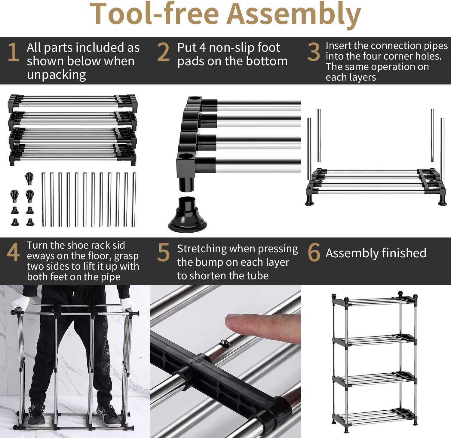 DUSASA Shoe Rack Organizer for Closet Entryway, 4-Tier Expandable Free Standing Shoe Rack Metal Iron of Adjustable Shoes Organizer, Stackable Shoe Shelf for Entryway Doorway