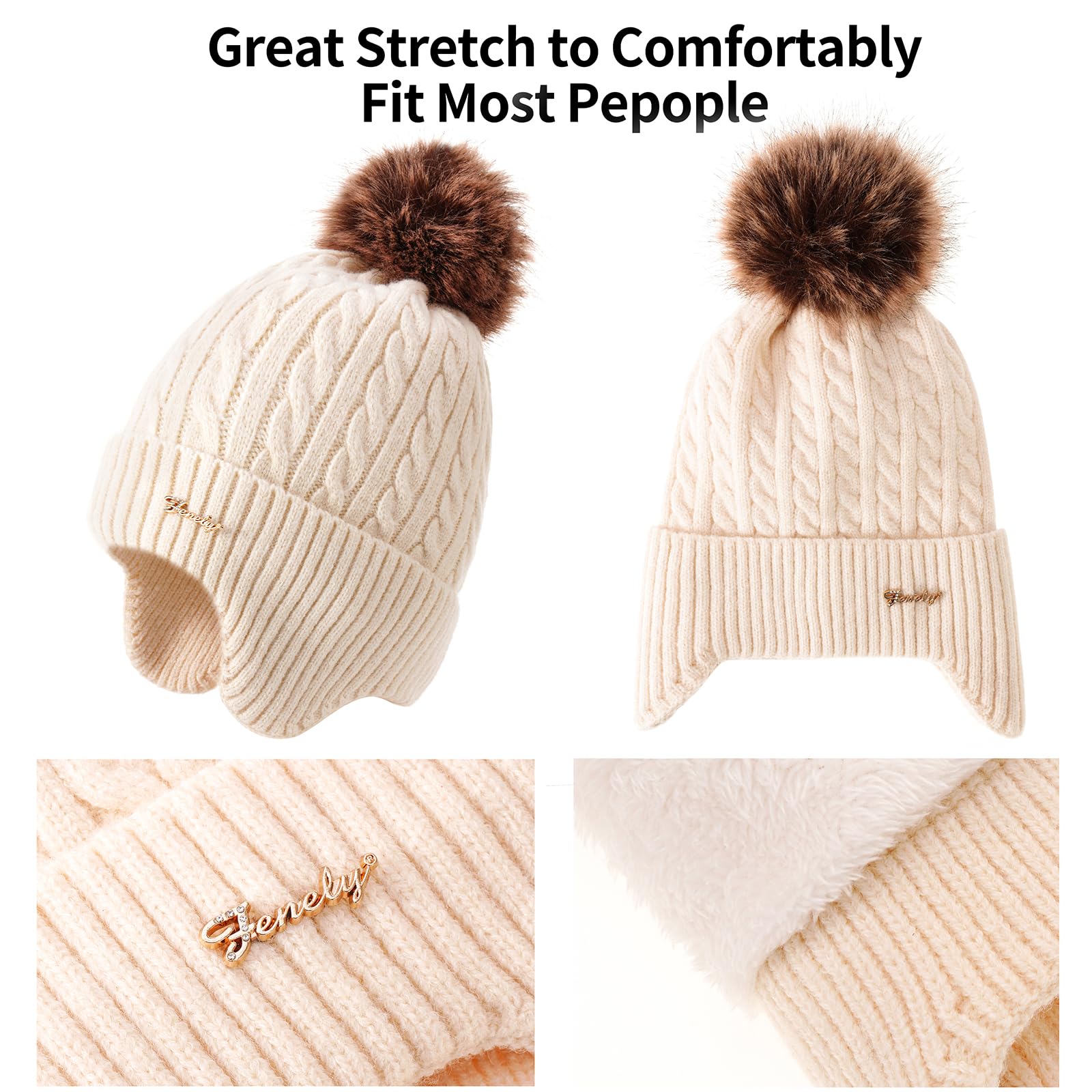 Set invernale da donna, con cappello e sciarpa, guanti classici con pompon rimovibile, sciarpa lunga e guanti touchscreen, set 3 in 1