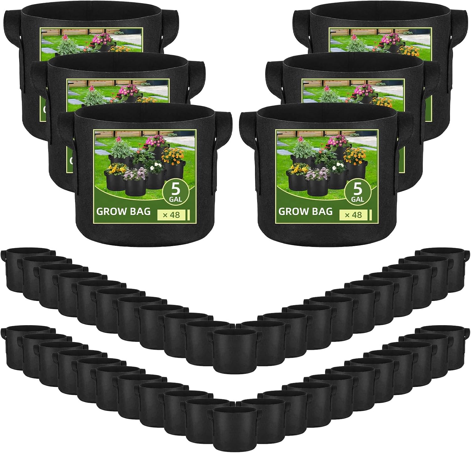 48 Pack 5 Gallon Vegetable/Flower/Plant Grow Bags, Heavy Duty Thickened Nonwoven Plant Fabric Pots Aeration Fabric Planters with Handles