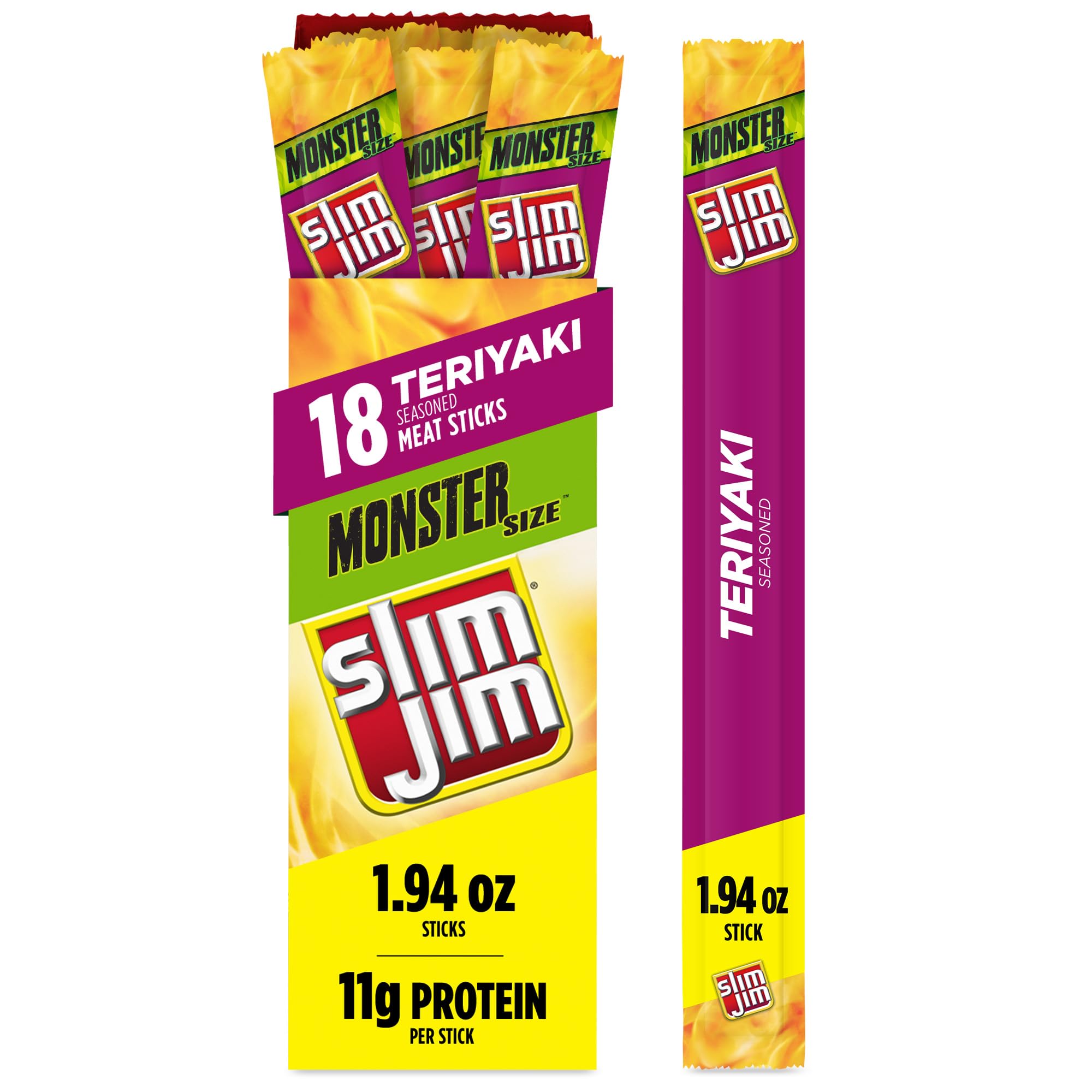 Slim Jim Monster Smoked Meat Sticks, Teriyaki Flavor, High Protein, 1.94 oz. (18 Count)