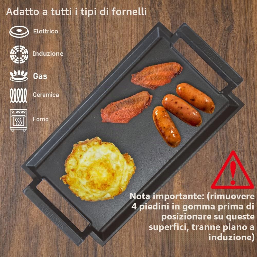 Padella per Grigliare in Ghisa, Padella per Grigliare, Griglia Rettangolare, Piastra Piatta 43 x 23 cm per Piano Cottura a Induzione, Fuoco Aperto, Forno, Piano Cottura Elettrico