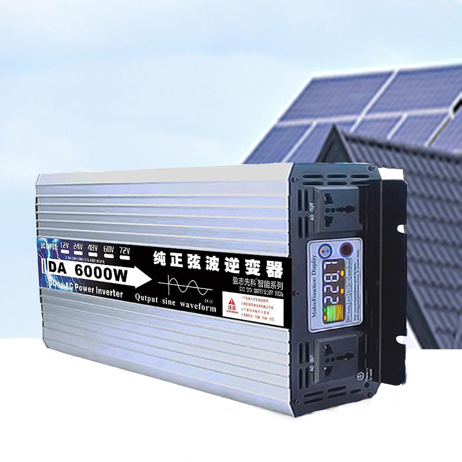 Inversor Potencia,Inversor Onda Sinusoidal Pura,Conversión De Alta Frecuencia,Sin Distorsión,con Pantalla LCD,2 Tomas Ca 2 Ventiladores Convección,para Camión,Hogar,6000W-72Vto220V