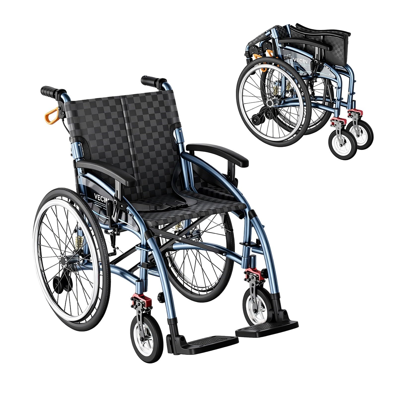 Silla de Ruedas Plegable Ligera, Doble Freno, Reposapiés Extraíbles