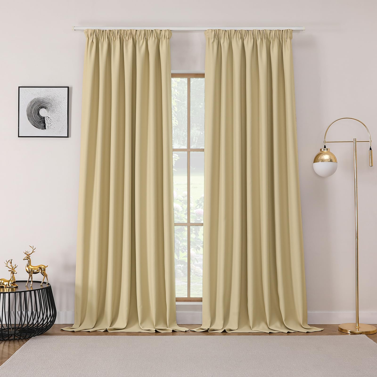 Joydeco Gardinen mit Kräuselband Blickdicht Vorhänge Schienensystem Verdunkelungsvorhang mit Haken Thermovorhang Kälteschutz Schlafzimmer Wohnzimmer 2er Set 245x132cm Beige