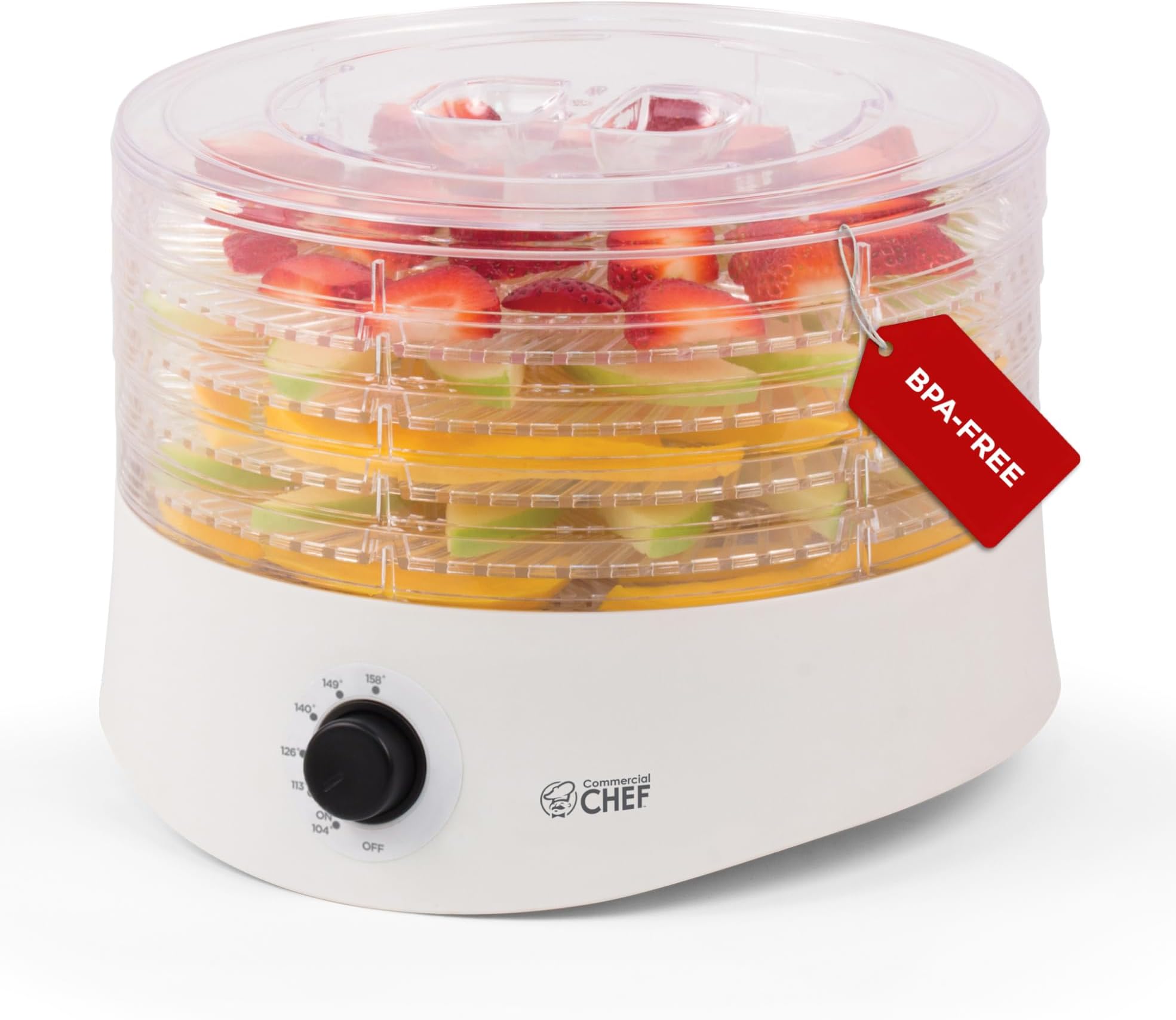 Commercial Chef Food Dehydrator, Five 9.25” BPA-Free Plastic Trays, Dehydrates and Dries Meat, Fruit, Veggies and Jerky, 280W Dehydration Machine, Adjustable Thermostat, CCD100W6, White
