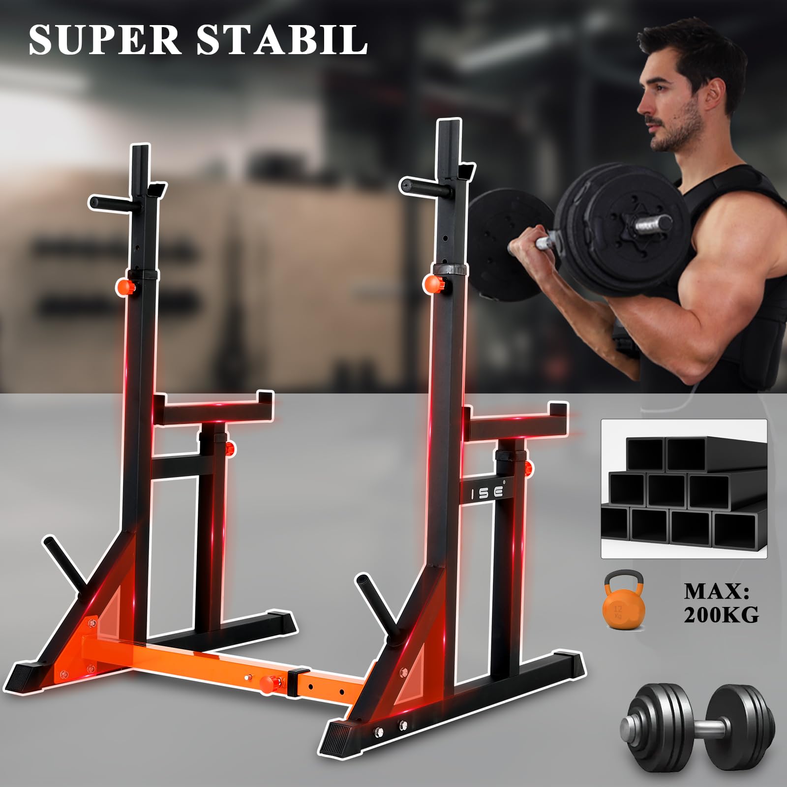 ISE Rack Palestra Multifunzione, Supporto Bilanciere Rack di fitness a casa, Rack da Squat Regolabile in altezza e in larghezza, Stand per Sollevamento Pesi, Porta Pesi Palestra Casa, Max. 200KG