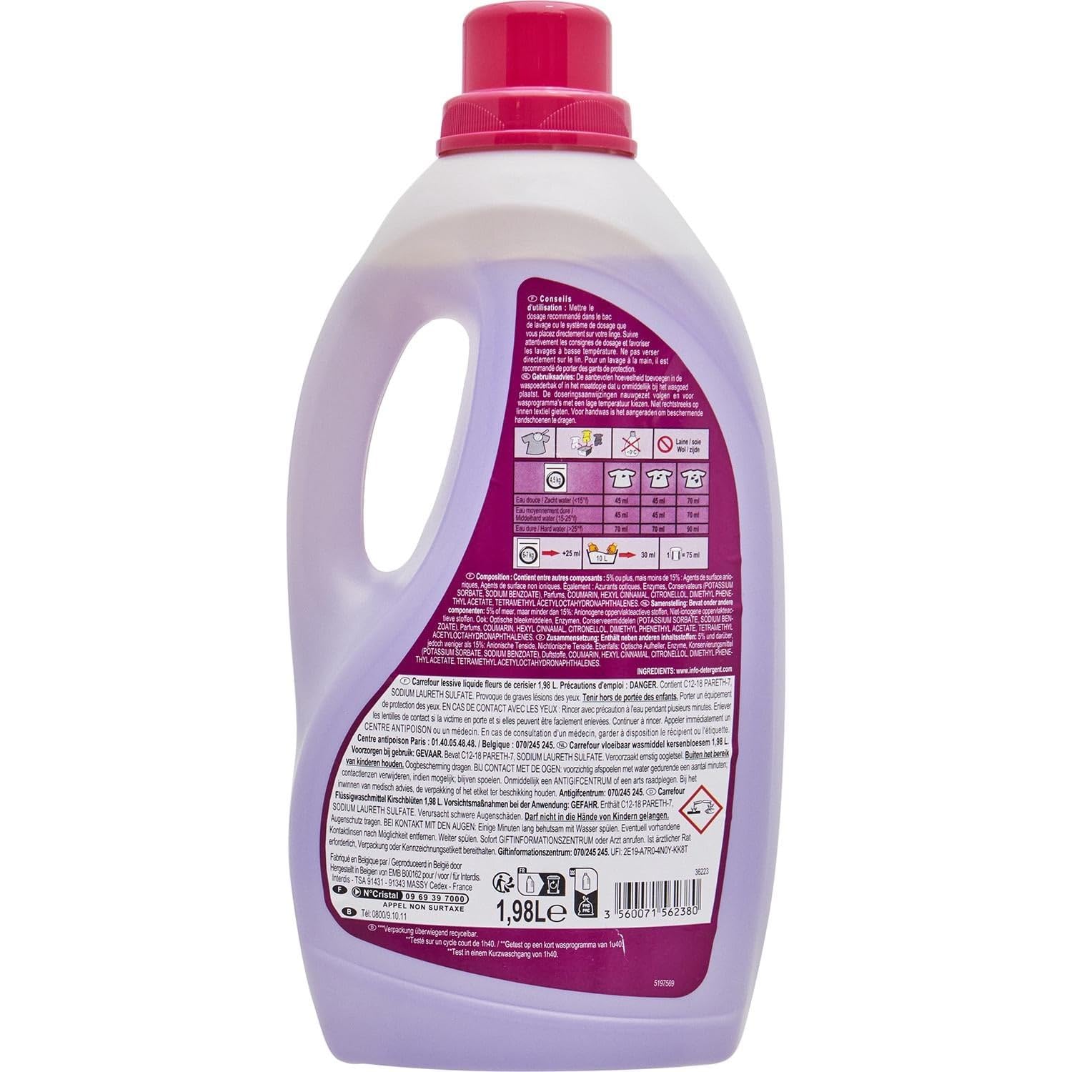 Gain de temps au quotidien avec CARREFOUR ESSENTIAL Lessive Liquide Fleurs De Cerisier Japan, format x44, 1980 ml - Lot de 3