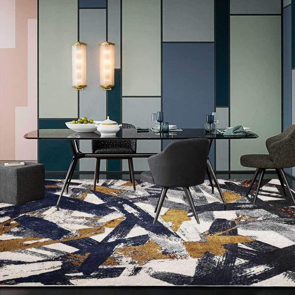 Tapis salon grand format lavable 200x290cm bleu abstrait moderne
