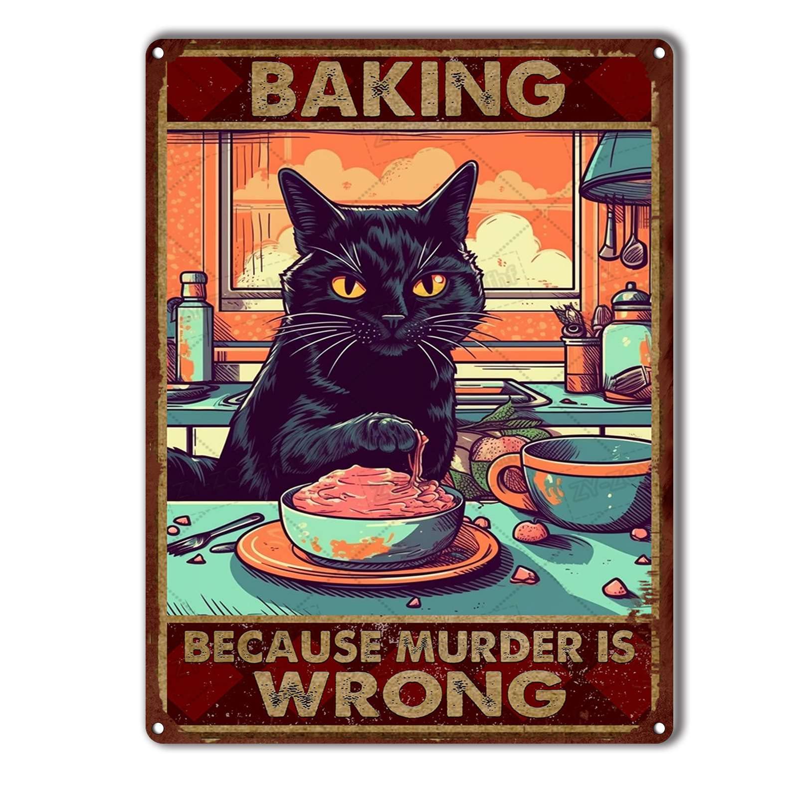peiyeety Metal Tin Sign Black Cat Baking Inspired Vintage Decorative Wall Plaque, Funny Kitchen Poster For Home Kitchen Living Room Bar Cafe Farmhouse Indoor Outdoor Patio Wall Decoration, 8x12 Inch