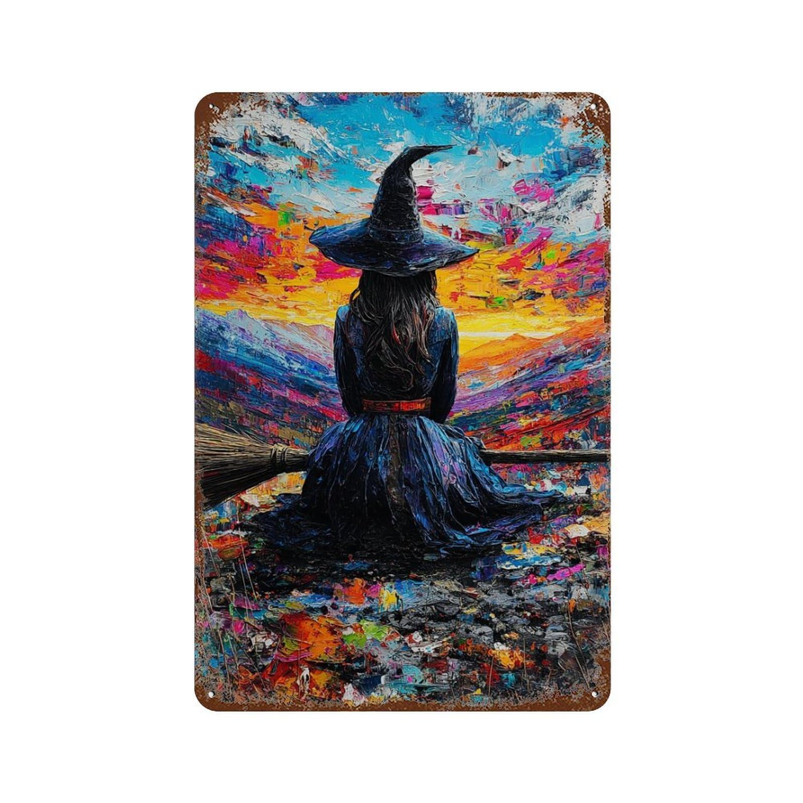 Witch on Broomstick Painting-1 Rusty Metal Tin Sign 11.8"x7.9", Vintage Wall Decor for Garage, Pub Or Kitchen