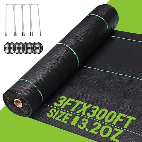 Tela de barrera de malezas de 3 pies x 300 pies, resistente, tapete de control de malezas de 3.2 onzas, alfombrilla de jardinería de bloque de malas