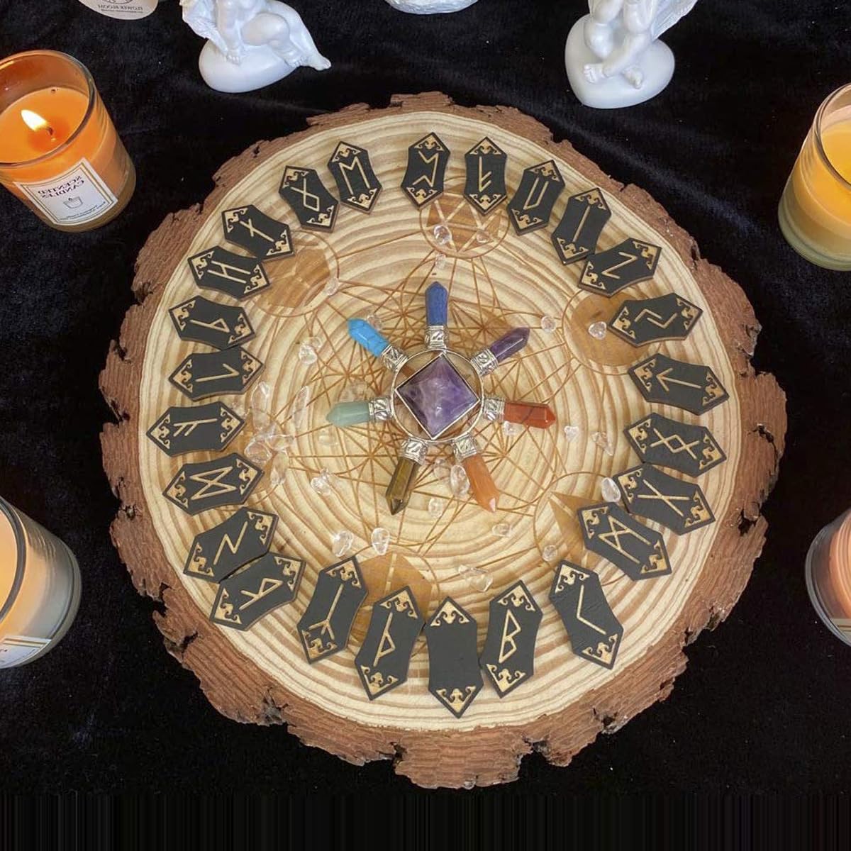 Namvo Set Rune Nordiche Fatte A Mano In Legno: 24 Pietre Con Borsa E QR Code Per Manuale, Divinazione E Meditazione - 4