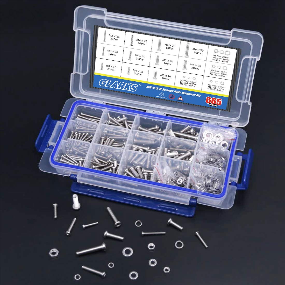 Glarks 665Pcs M3 M4 M5 M6 Stainless Steel Phillips Pan Head Screws Bolts Nuts and Flat Gasket Spring Washers Assortment Kit - Image 3