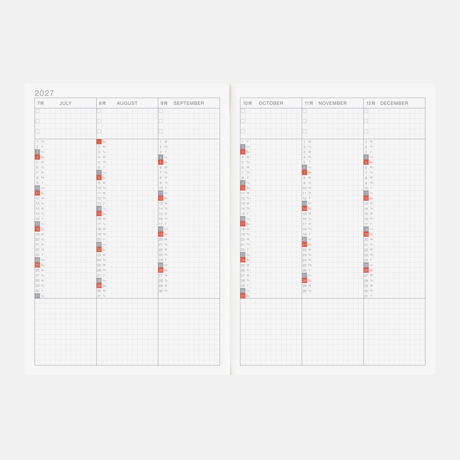 Hobonichi Techo Livre cousin 2027 – A5, anglais, quotidien, hebdomadaire, janvier start, mon start, planificateur