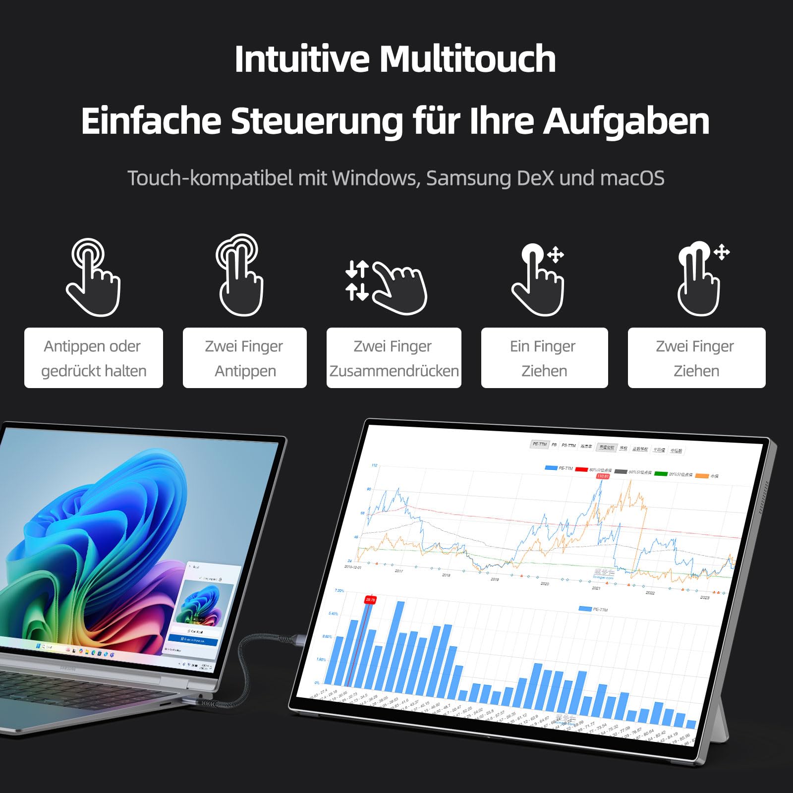 Intehill Portable Monitor Touchscreen 16 Zoll 2,5K 120Hz Gaming, Tragbarer Monitor Touchscreen, USB-C Monitor mit 10-Punkt Multi-Touch, 400Nits, 100% sRGB, Glänzend, VESA, Alu-Gehäuse