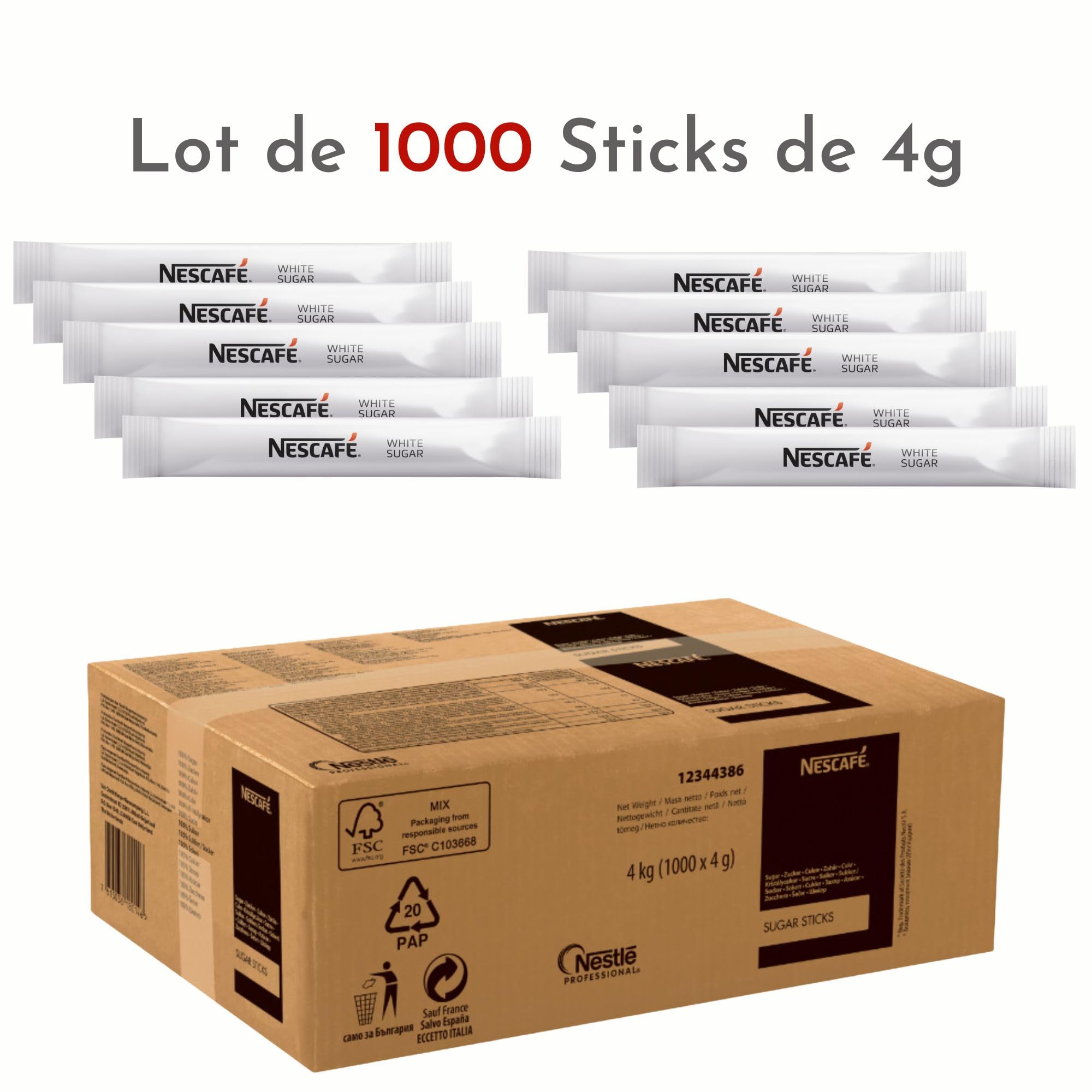 NESCAFÉ Sticks Sucre Blanc - Dose Individuelle 4g - Pause Café - Pour Sucrer Café, Thé, Chocolat Chaud - Carton de 1000 Dosettes de 4g - 4 kg