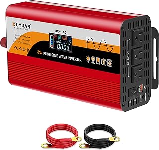 1500W Pure Sine Wave Inverter (3000W Peak), 12V/24V Auto-Detect, 50Hz/60Hz Switchable, LCD Display, Type-C Fast Charging, Silent Design, Overload & Overheat Protection for RV, Home (RED-1500W)