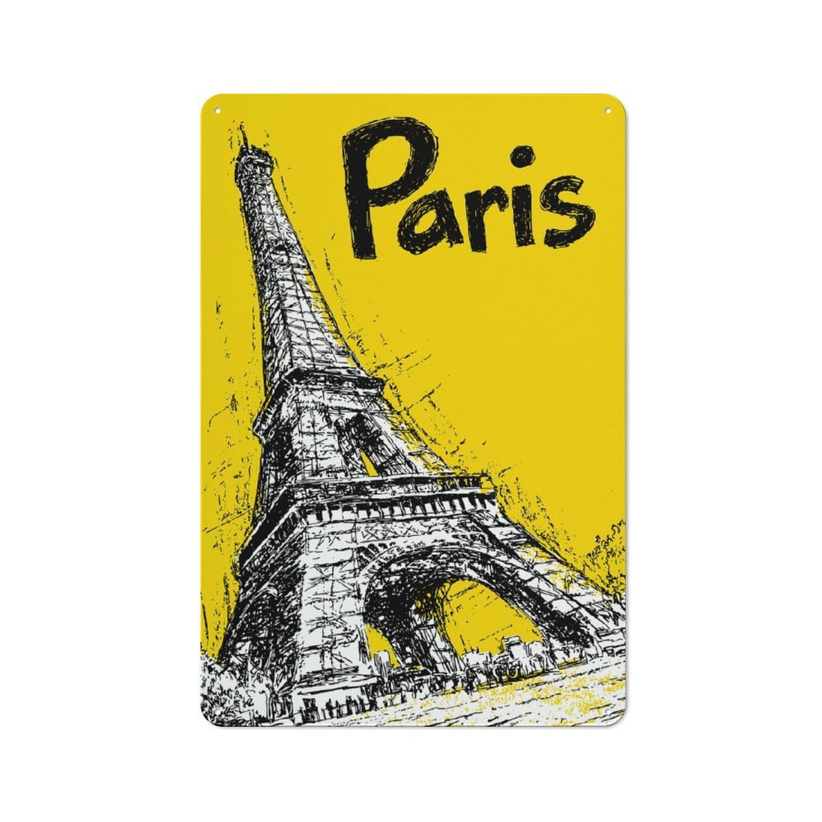 Eiffel Tower Paris Yellow Sketch Retro Metal Wall Decor 30x20cm, Tin Wall Sign for Home, Shop, Pub Or Studio Wall, Personal Accent for Everyday Walls