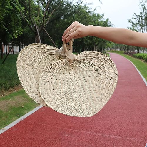 Miniatura 6 de Dzrige Abanicos de rafia natural en forma de corazón, abanicos de mano de hoja de palmera hechos a mano, abanicos de bambú de mano de estilo chino,