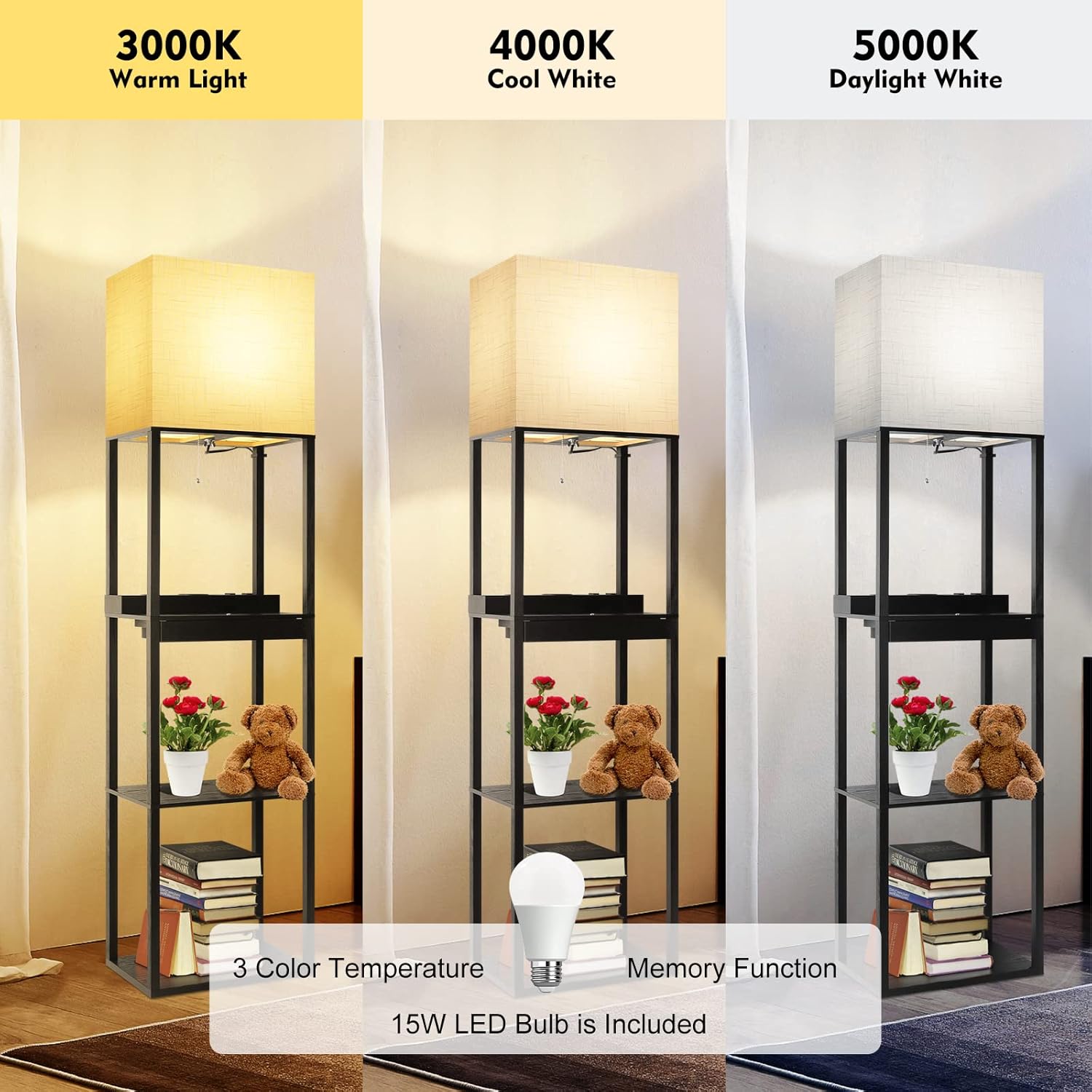 RUNTOP Plus Charging Station Floor Lamp with Wireless Charger, 2 USB-C Port, 2 Power Outlet, Floor Lamp with Shelves, 15W LED Bulb, 3 Colors, Memory Function, Standing Lamp for Living Room Bedroom