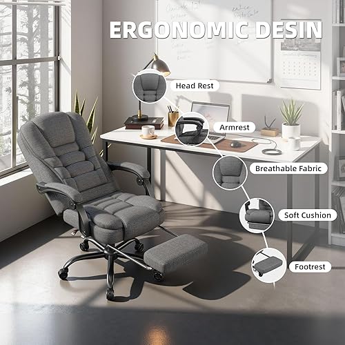 Miniatura 3 de Silla de oficina, silla ergonómica de tela para adultos, cómoda silla reclinable para computadora con reposapiés, silla de escritorio giratoria