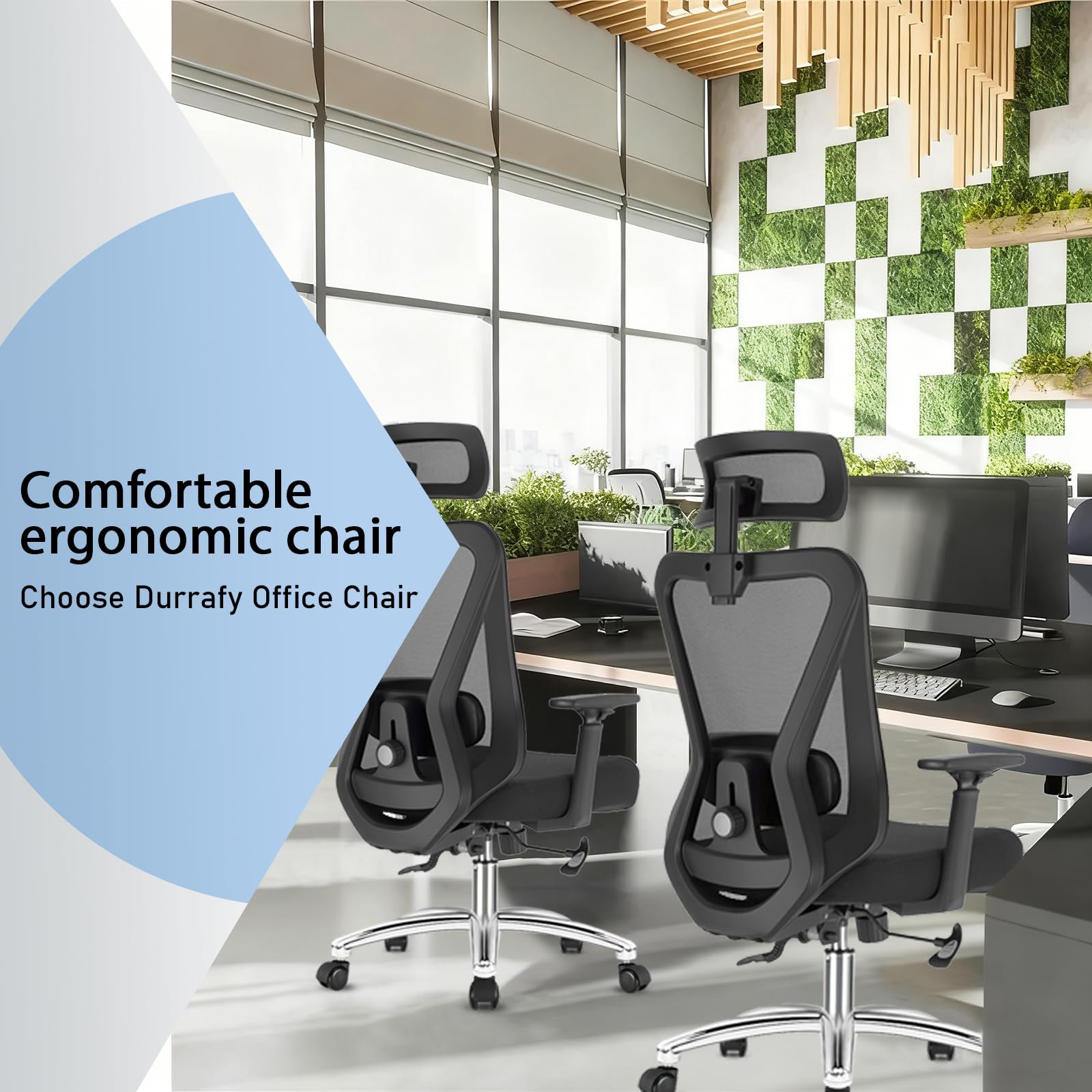 Durrafy Sedia Ufficio Ergonomica, Sedia Scrivania con 2D Poggiatesta, Supporto Lombare Regolabile und Braccioli, 90°-130° Reclinabile Poltrona Ufficio in Rete Traspirante per la Casa, Ufficio e Gaming
