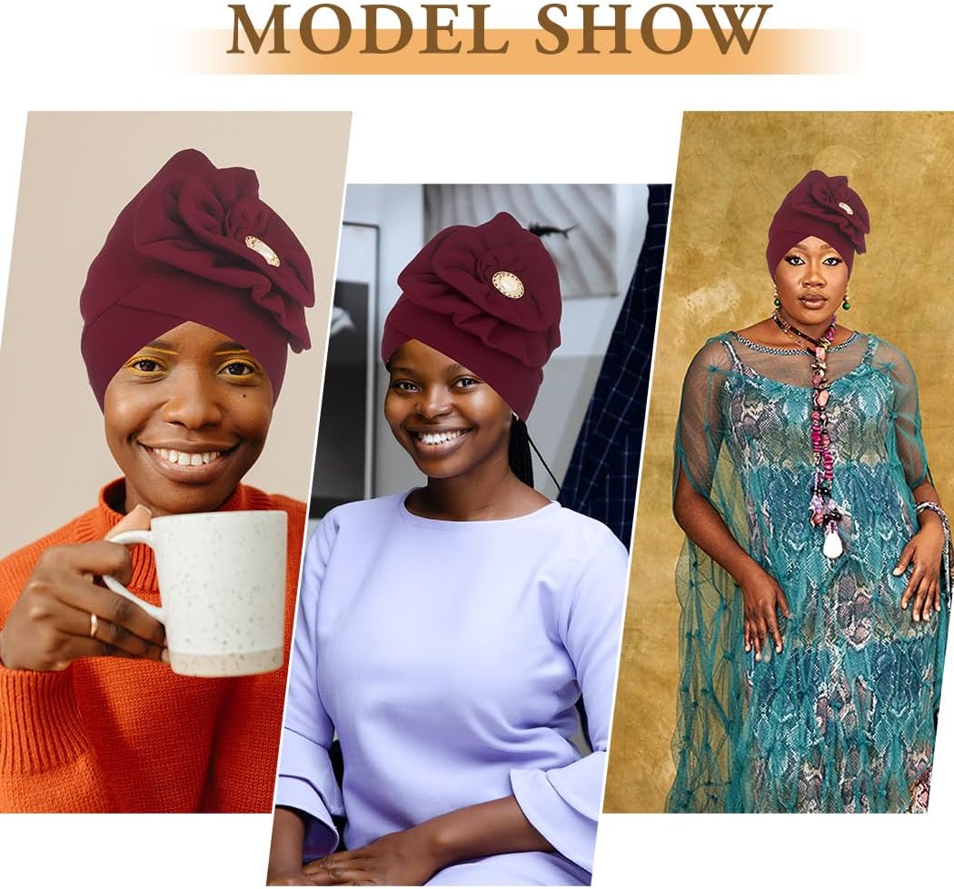 Bohend African Big Flower Rhinestone Turban Cap Muslim Pre Tied Beanie Headwrap Bonnet Stretch Pleated Women Headscarf Hat - Image 4