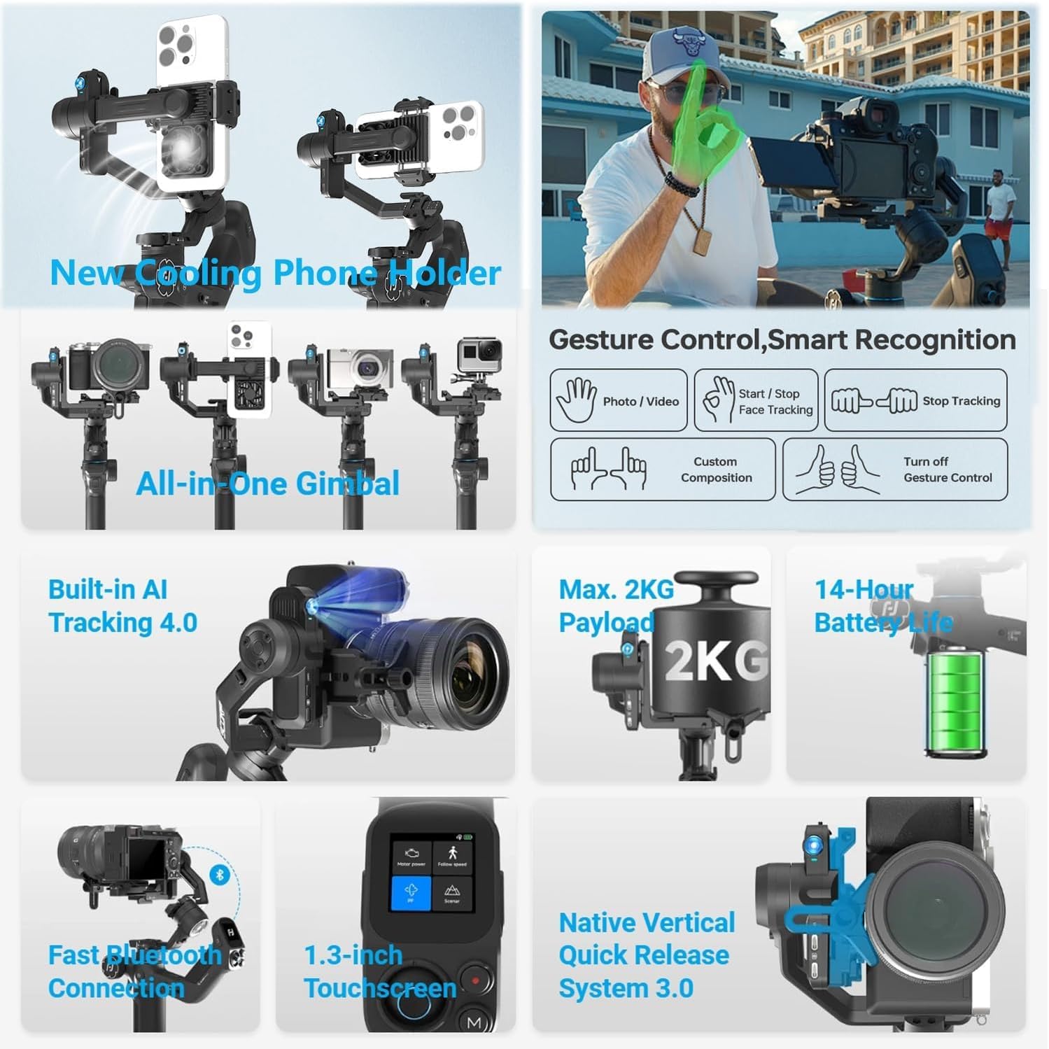 FeiyuTech SCORP Mini 3 [Kit] Gimbal Stabilizer for Mirrorless Cameras&Smartphone, 4.41lbs Payload, Built-in AI Tracking, Quick Vertical Shooting, for Sony/Canon/Nikon/Fujifilm/DJI Action/Gopro/iPhone